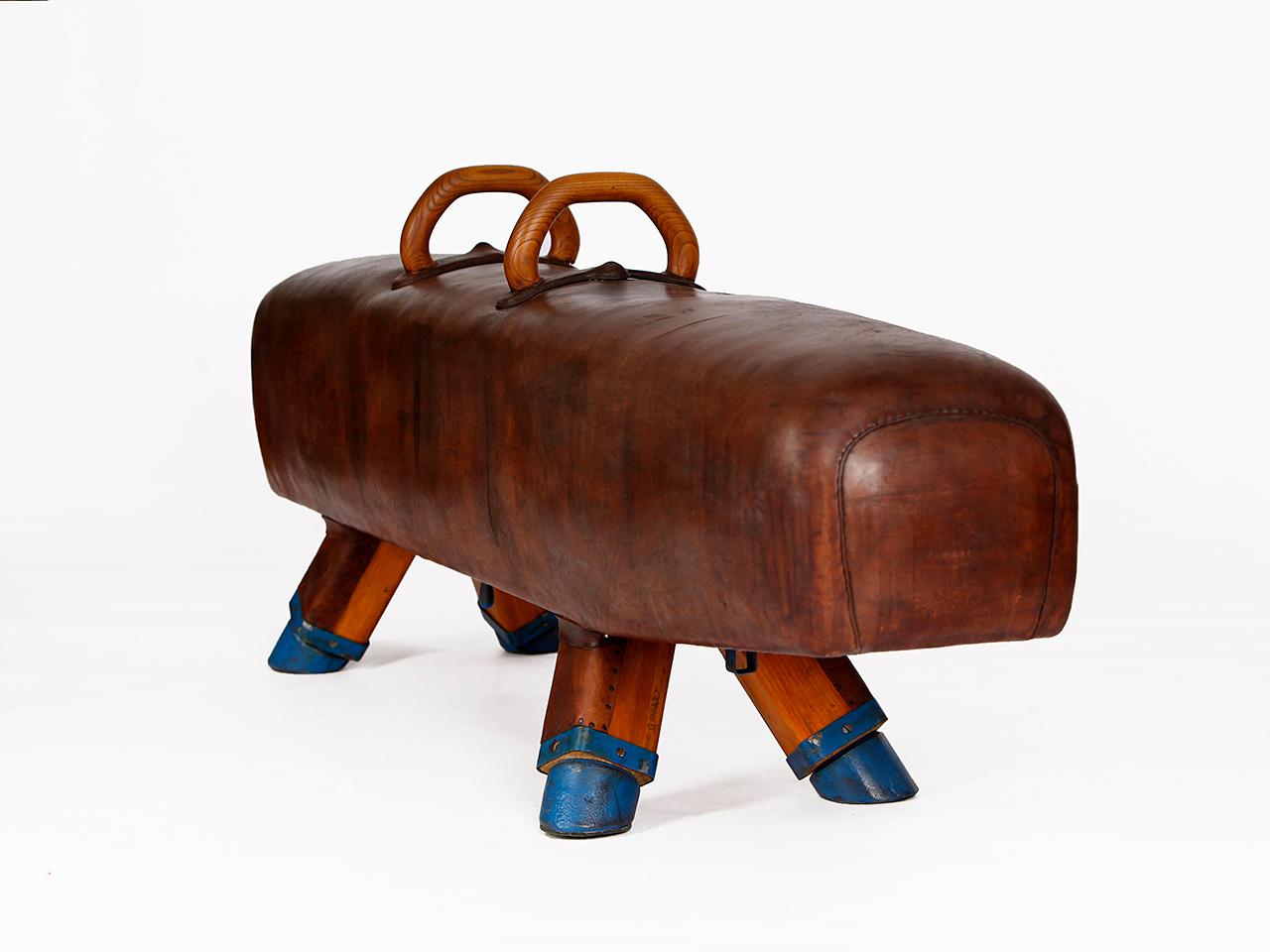 Industrial Gymnastic Leather Pommel Horse Bench, 1920s