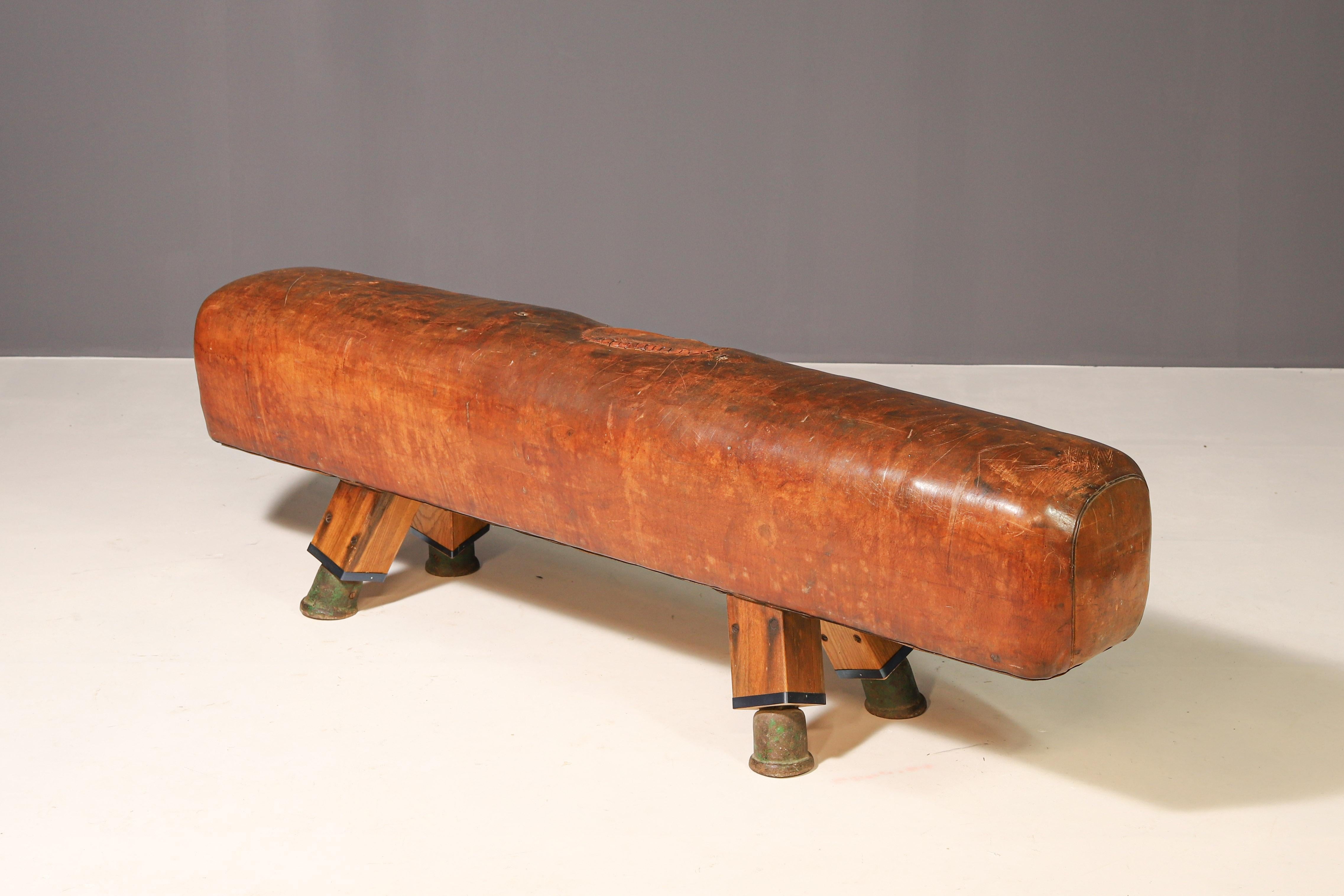 Gymnastische Pommel-Pferdenbank aus Leder  1920s (Industriell) im Angebot
