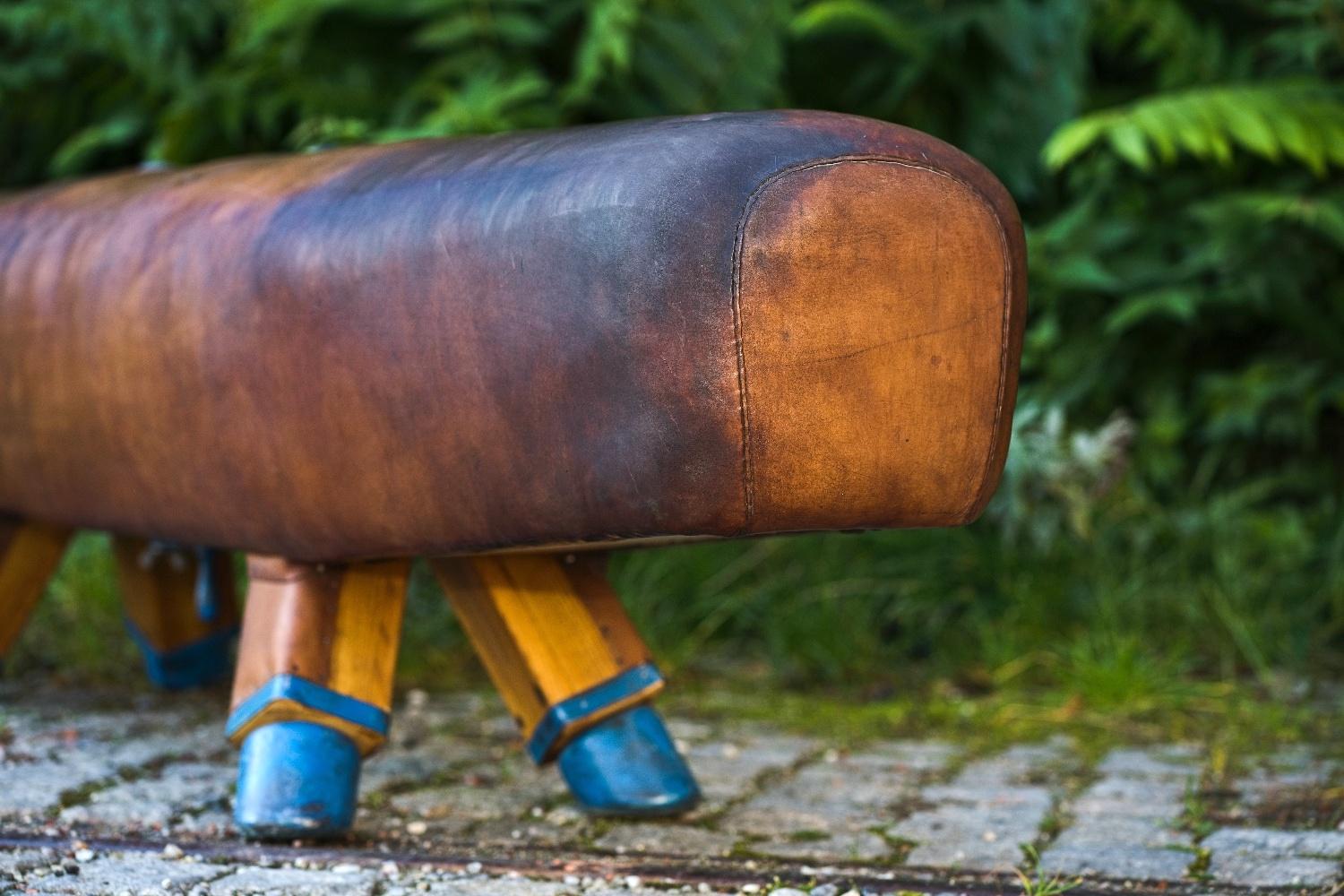 Industrial Long Gymnastic Leather Pommel Horse Bench with Wooden Handles, 1920s For Sale