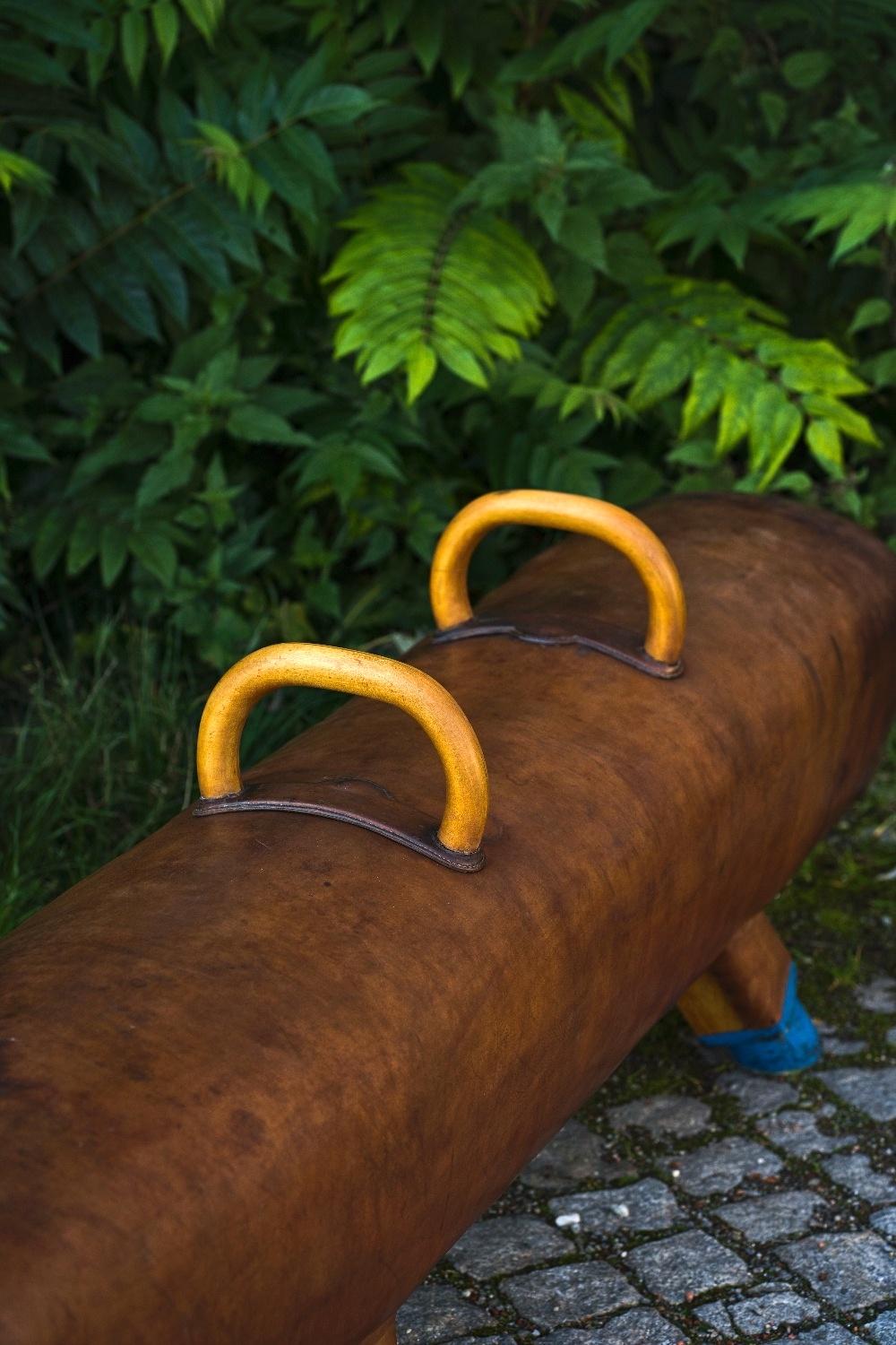 Czech Long Gymnastic Leather Pommel Horse Bench with Wooden Handles, 1920s For Sale
