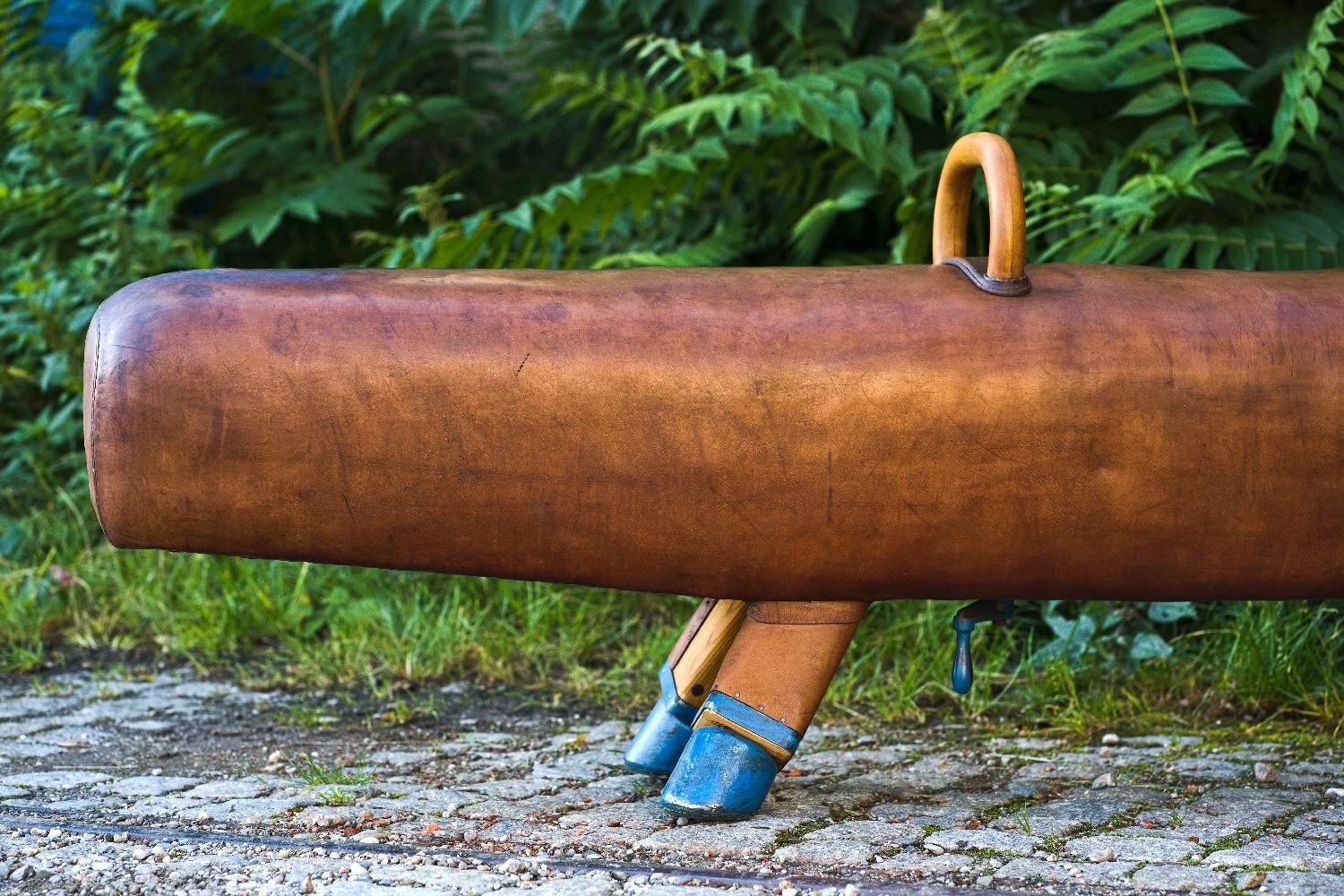 Banc long pour cheval de boxe en cuir avec poignées en bois, années 1920 en vente 1