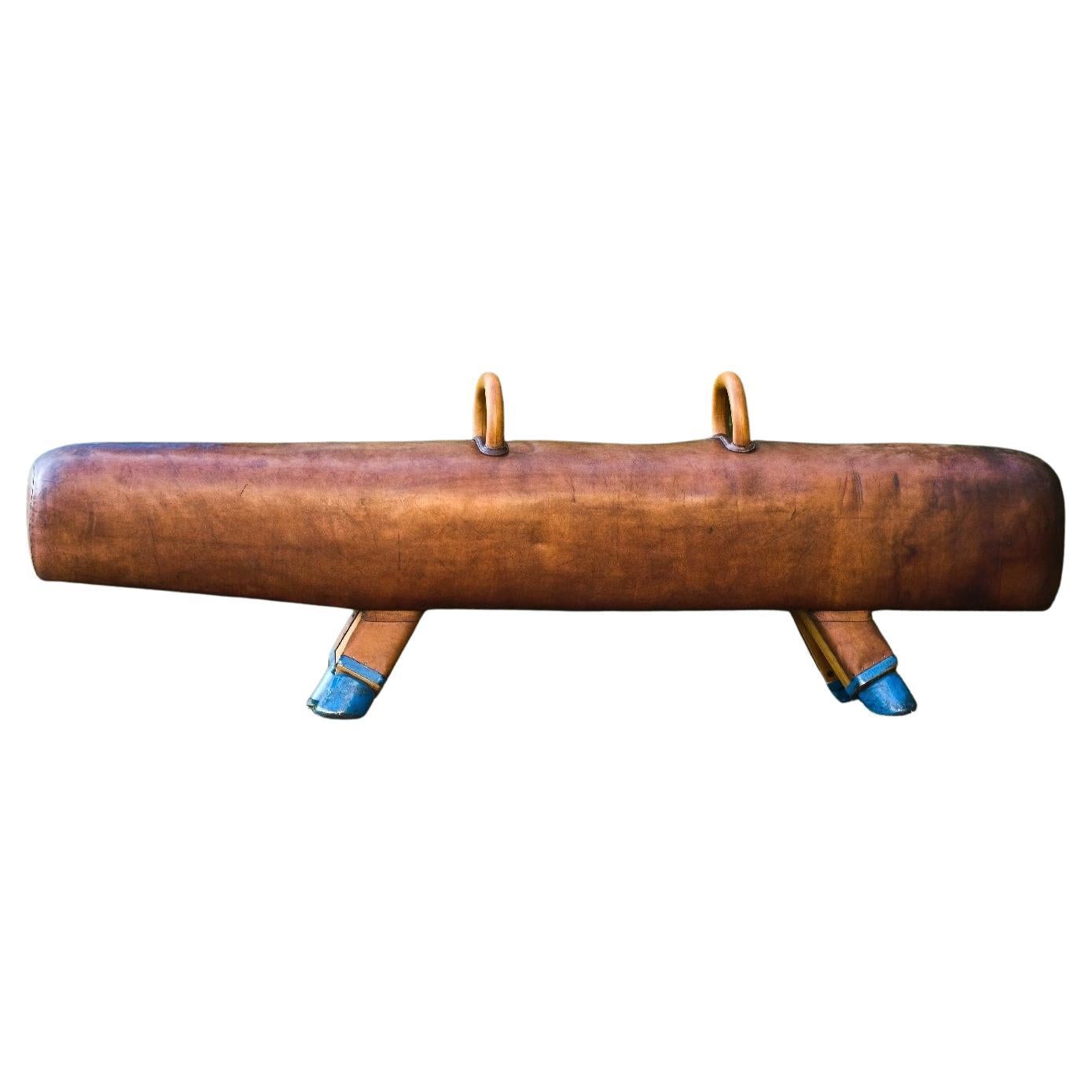 Long Gymnastic Leather Pommel Horse Bench with Wooden Handles, 1920s For Sale