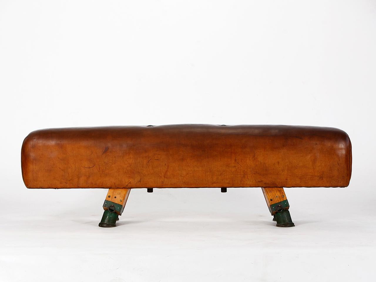 Industrial Gymnastic Leather Pommel Horse Bench, 1930s, Restored