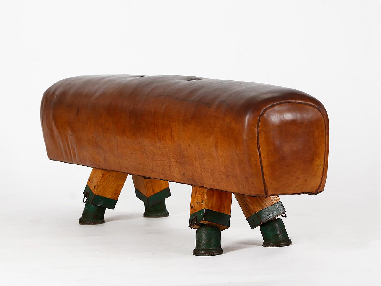 Czech Gymnastic Leather Pommel Horse Bench, 1930s, Restored