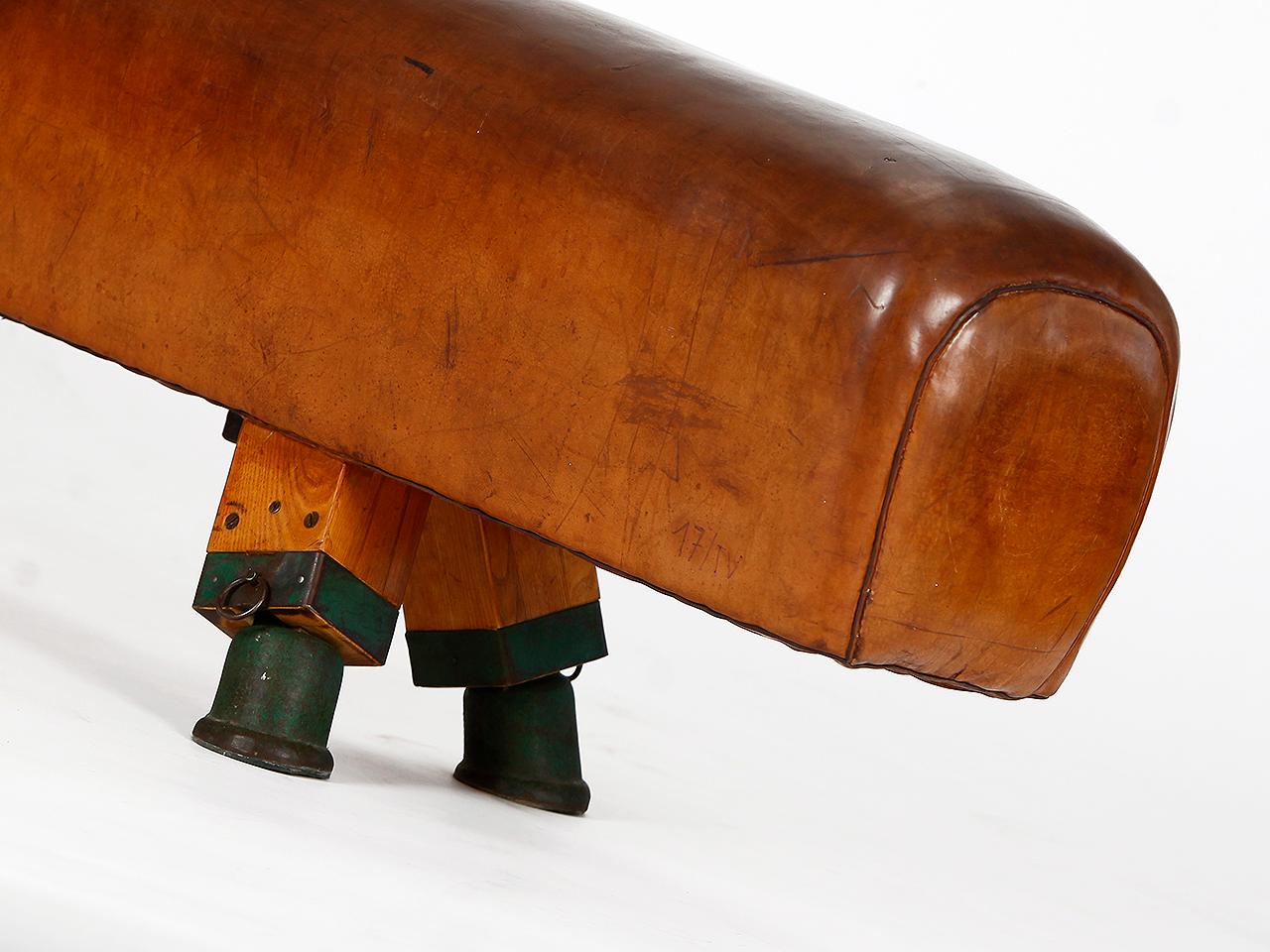 Gymnastic Leather Pommel Horse Bench, 1930s, Restored 1