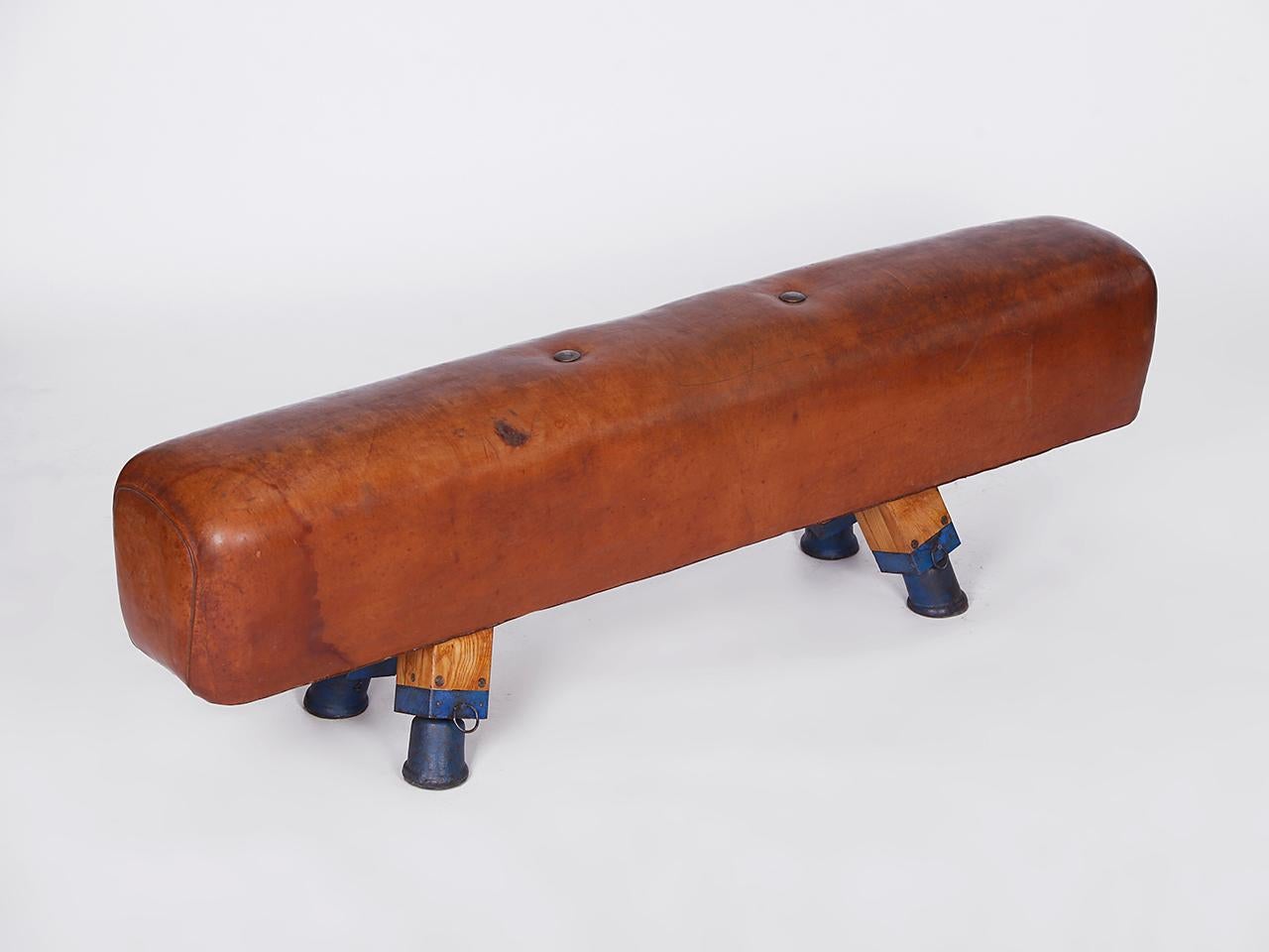Industrial Gymnastic Leather Pommel Horse Bench Long Top, 1930s For Sale
