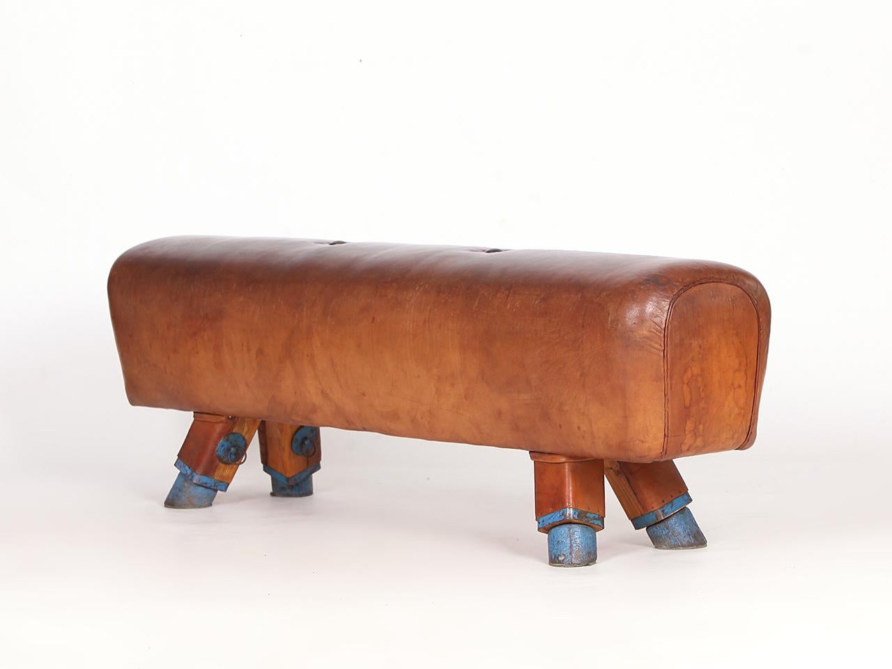 Cheval d'arçon de l'ancienne Tchécoslovaquie des années 1930 avec une belle patine, raccourci à la hauteur du banc 54cm et très bon état vintage. Entièrement restauré. Les pieds en fer sont conservés. Le cuir épais a été nettoyé et préservé. Tous