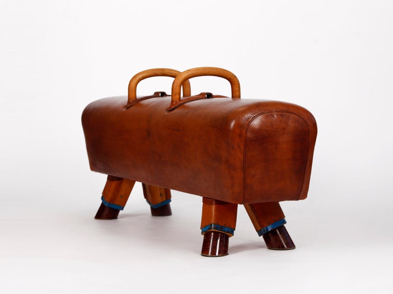 Industrial Gymnastic Leather Pommel Horse Bench with Wooden Handles, 1930s For Sale
