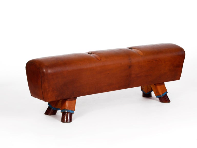 Hand-Crafted Gymnastic Leather Pommel Horse Bench with Wooden Handles, 1930s For Sale