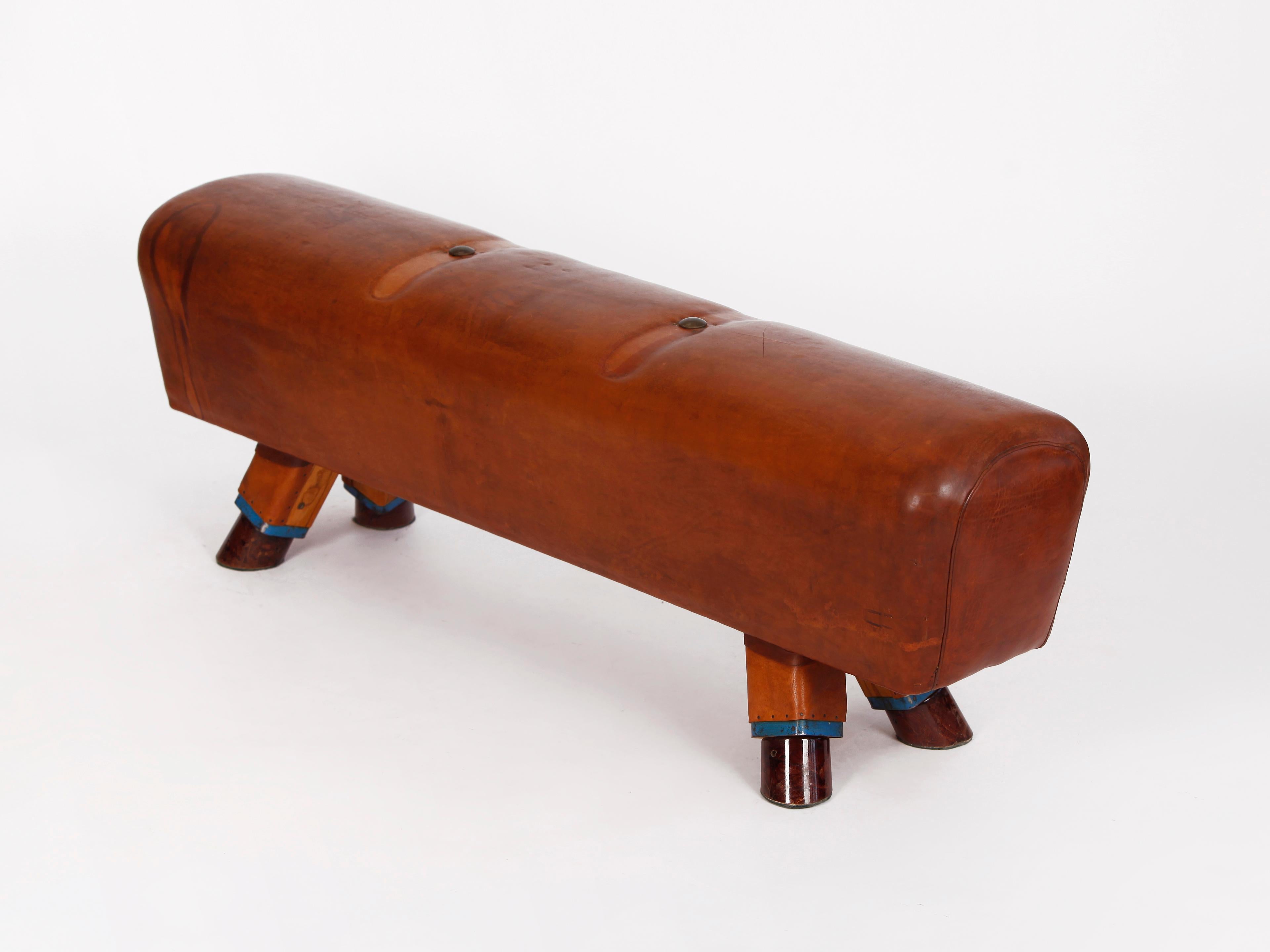 Czech Gymnastic Leather Pommel Horse Bench with Wooden Handles, 1930s