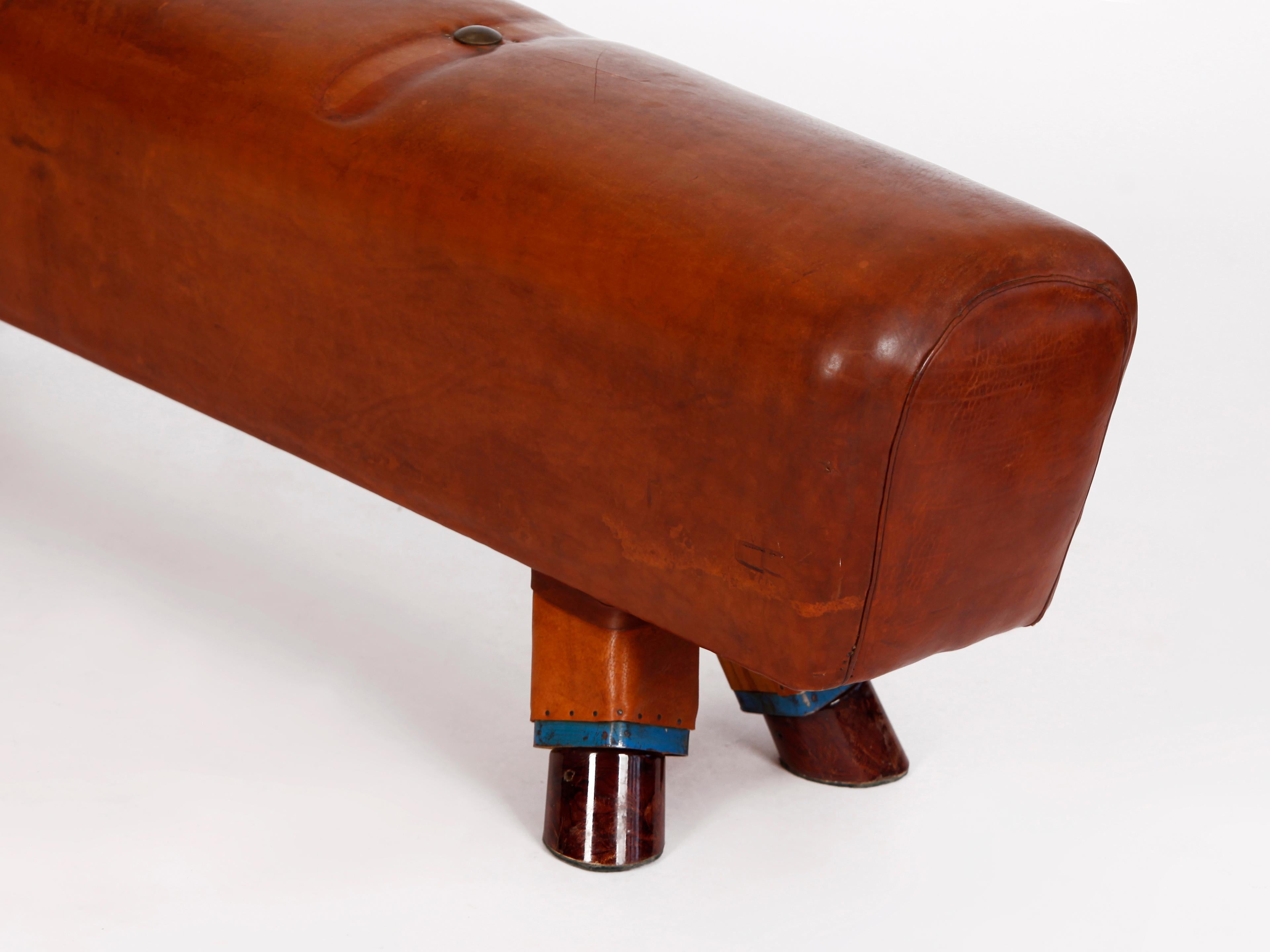 Hand-Crafted Gymnastic Leather Pommel Horse Bench with Wooden Handles, 1930s