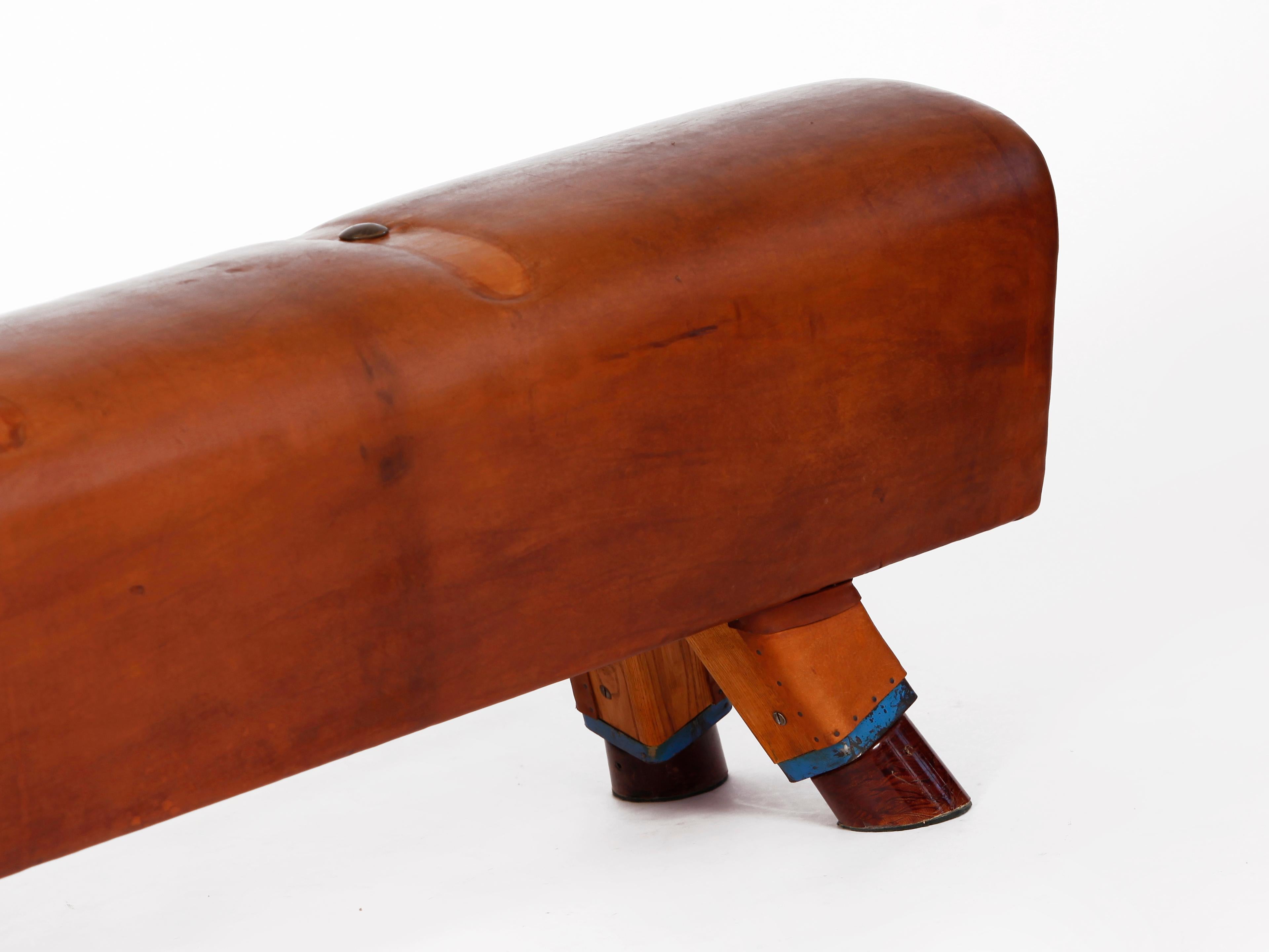 Gymnastic Leather Pommel Horse Bench with Wooden Handles, 1930s In Good Condition In Wien, AT