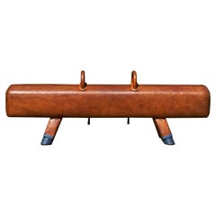 Gymnastic Leather Pommel Horse Bench with Wooden Handles, 1930s