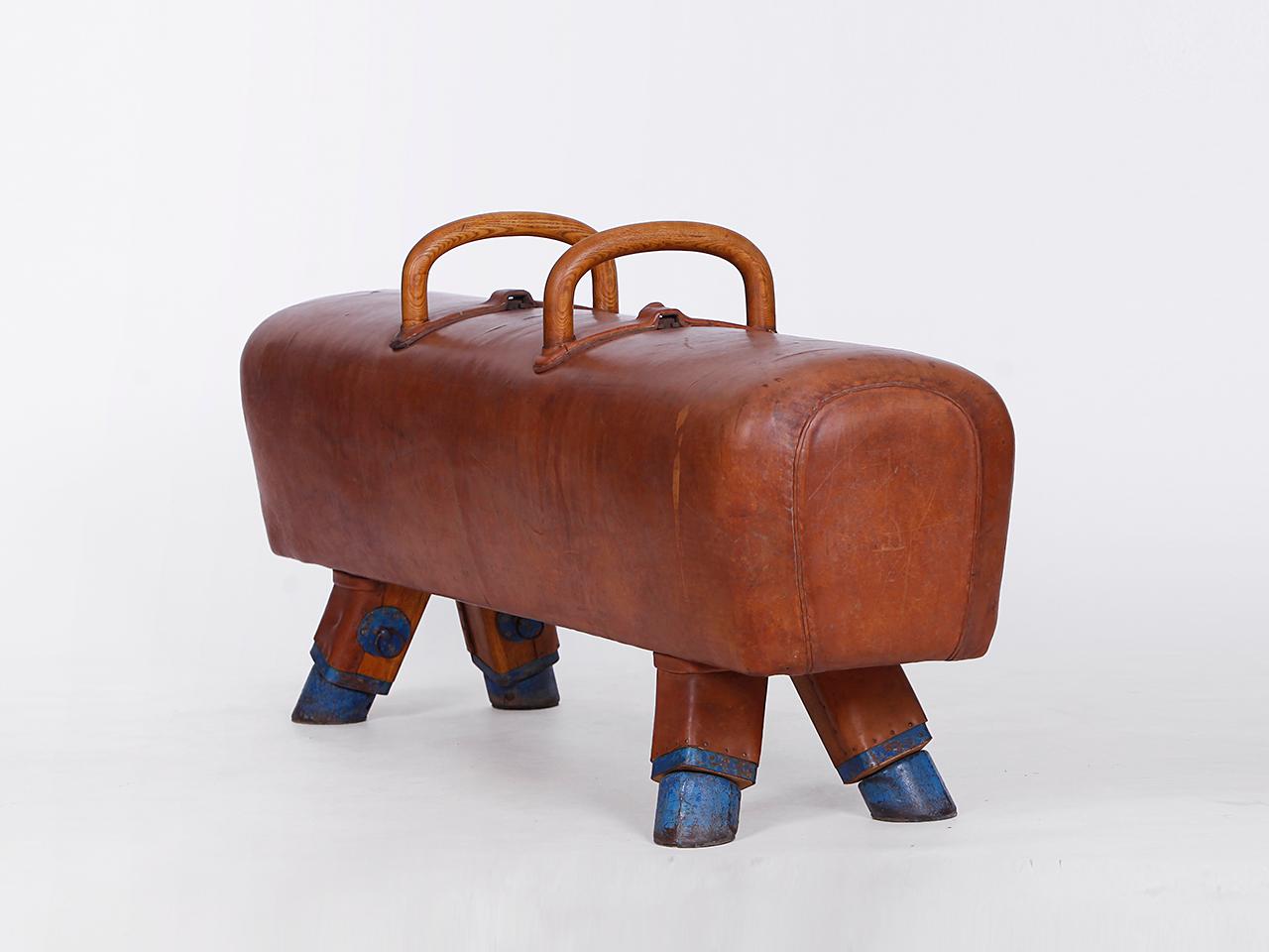 Gymnastic Leather Pommel Horse Bench with Wooden Handles Top, 1930s 1