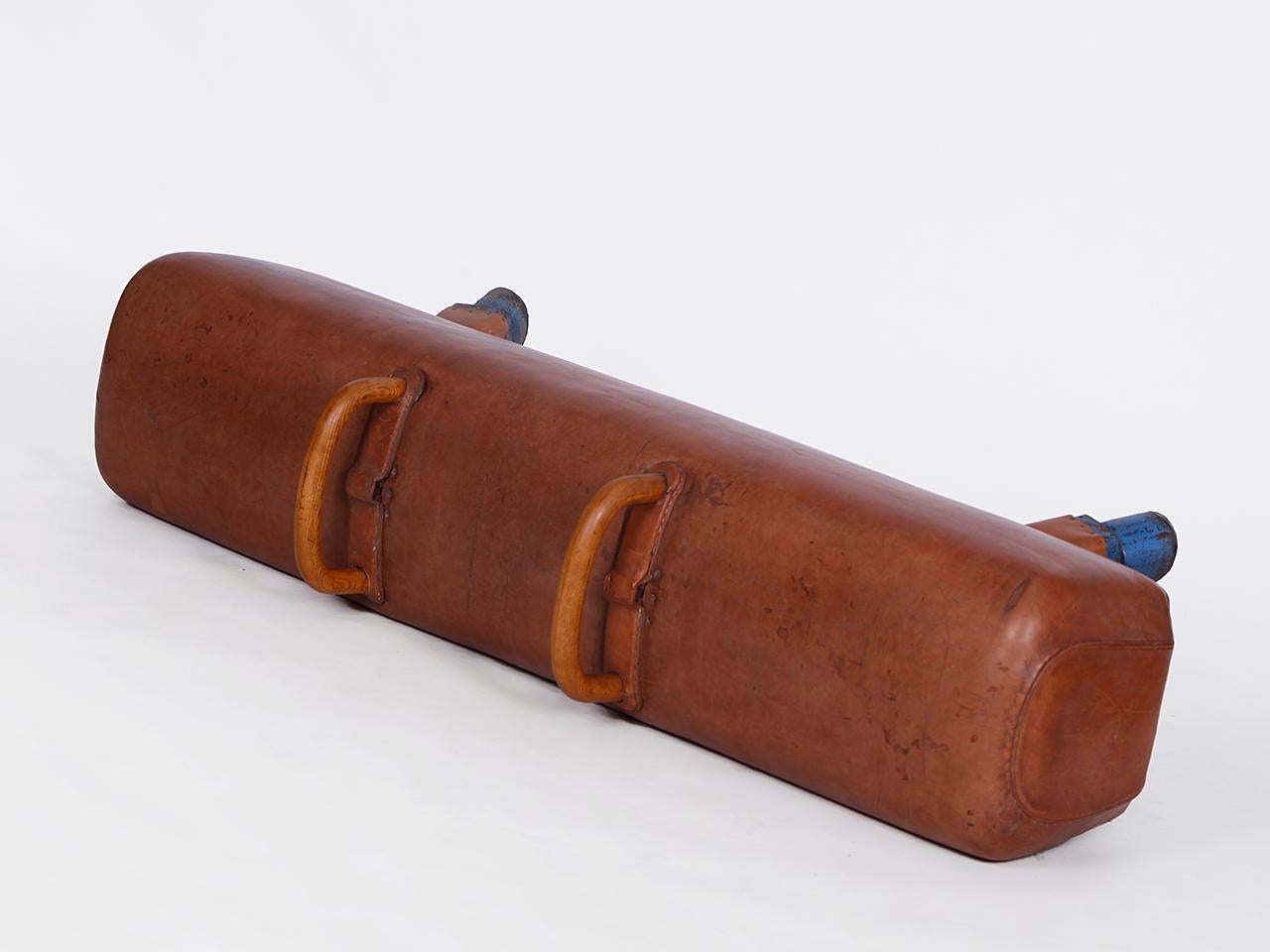 Gymnastic Leather Pommel Horse Bench with Wooden Handles Top, 1930s 2