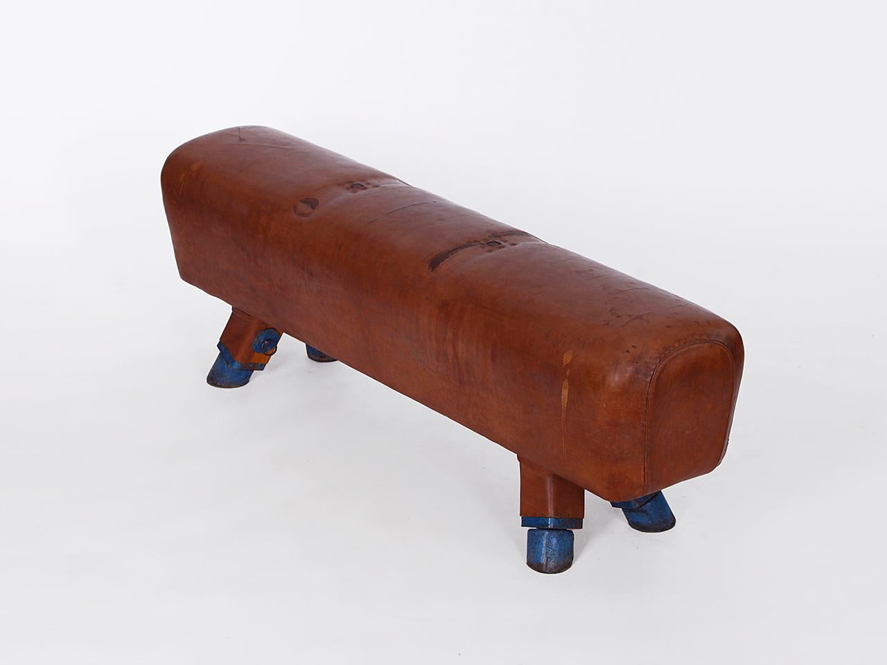 Gymnastic Leather Pommel Horse Bench with Wooden Handles Top, 1930s 3
