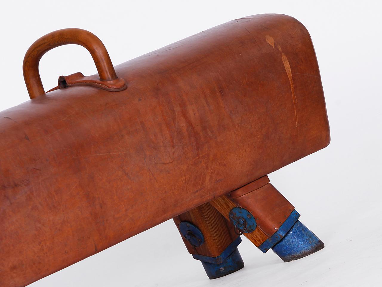 Industrial Gymnastic Leather Pommel Horse Bench with Wooden Handles Top, 1930s