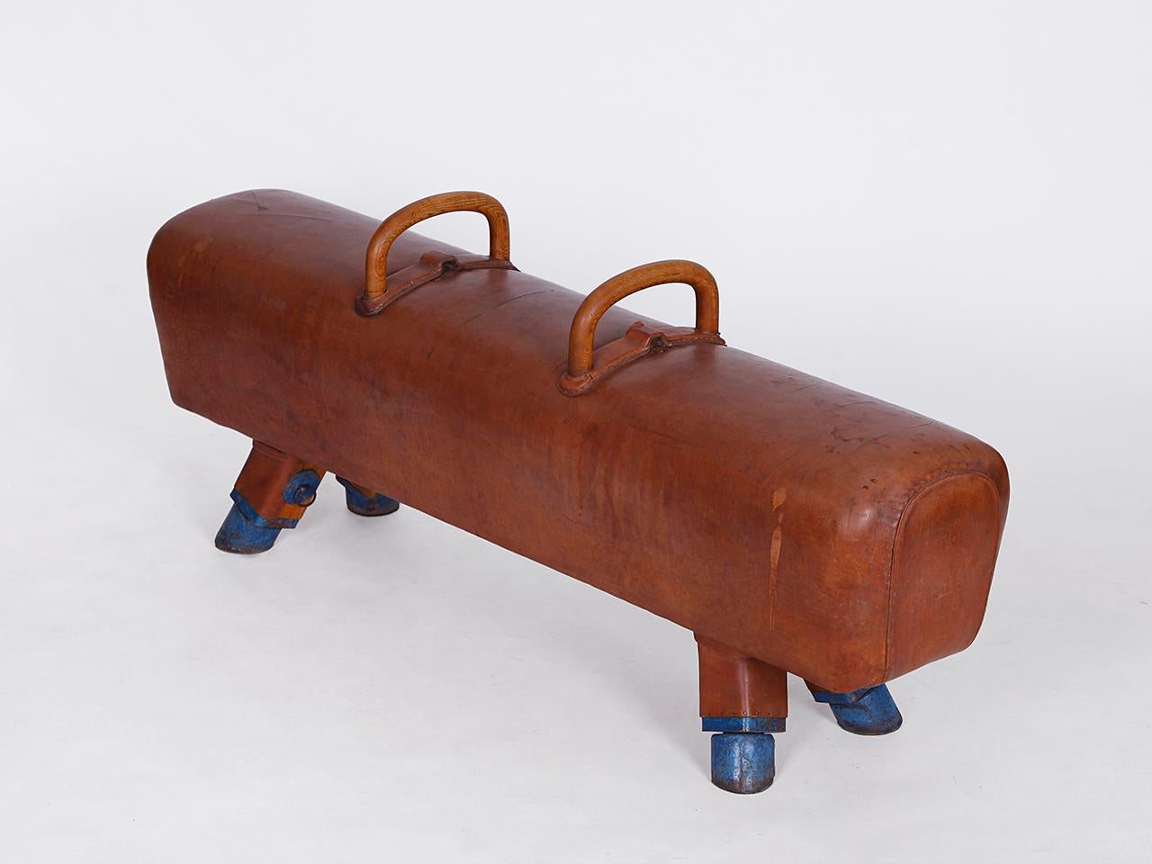 Gymnastic Leather Pommel Horse Bench with Wooden Handles Top, 1930s In Good Condition In Wien, AT