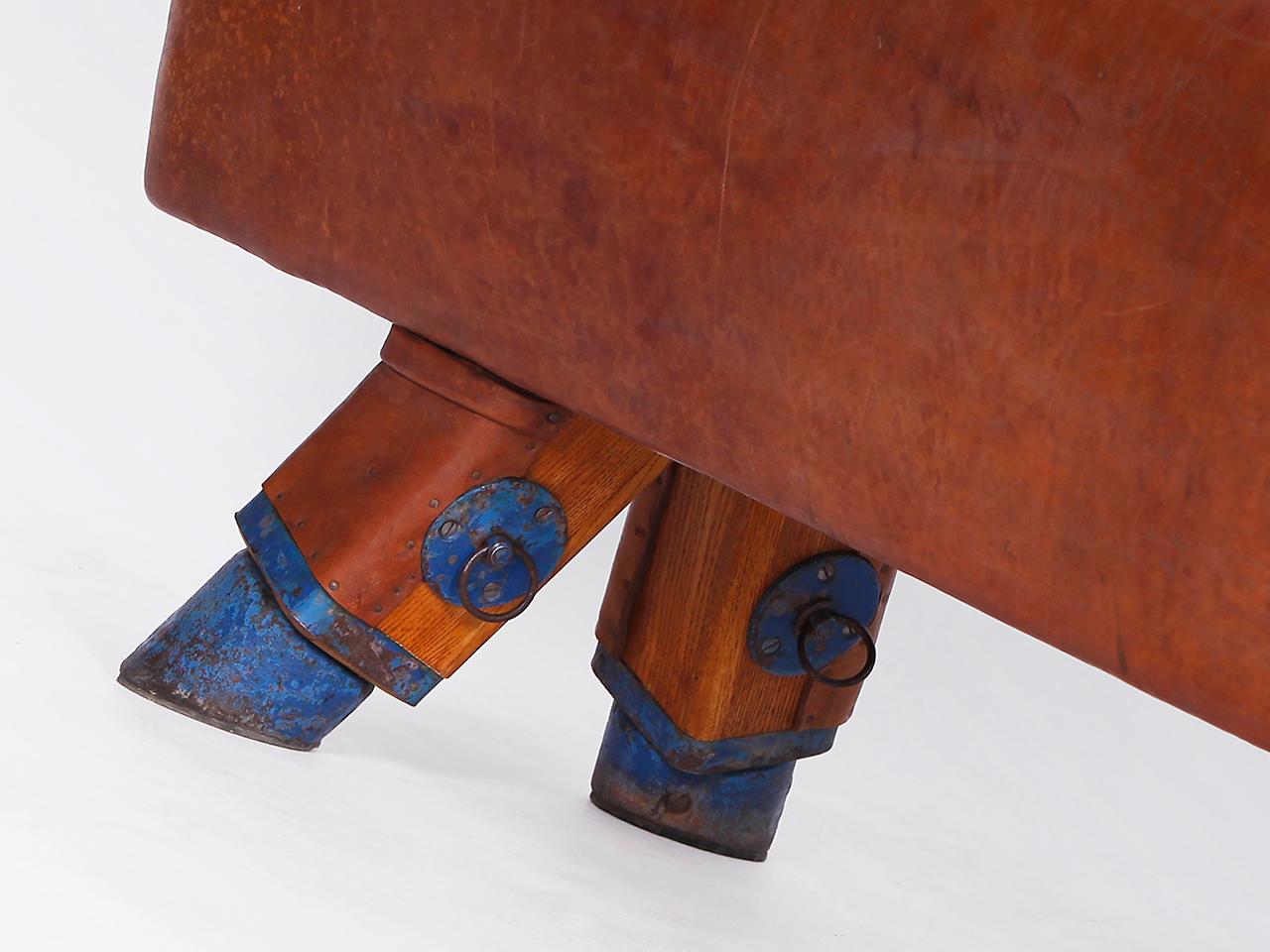 20th Century Gymnastic Leather Pommel Horse Bench with Wooden Handles Top, 1930s