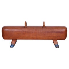Gymnastic Leather Pommel Horse Bench with Wooden Handles Top, 1930s