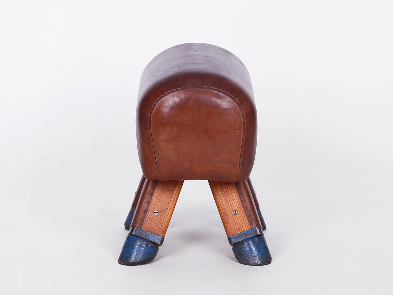 Industrial Gymnastic Vintage Czech Leather Gym Stool Bench Pommel Horse, 1930s For Sale