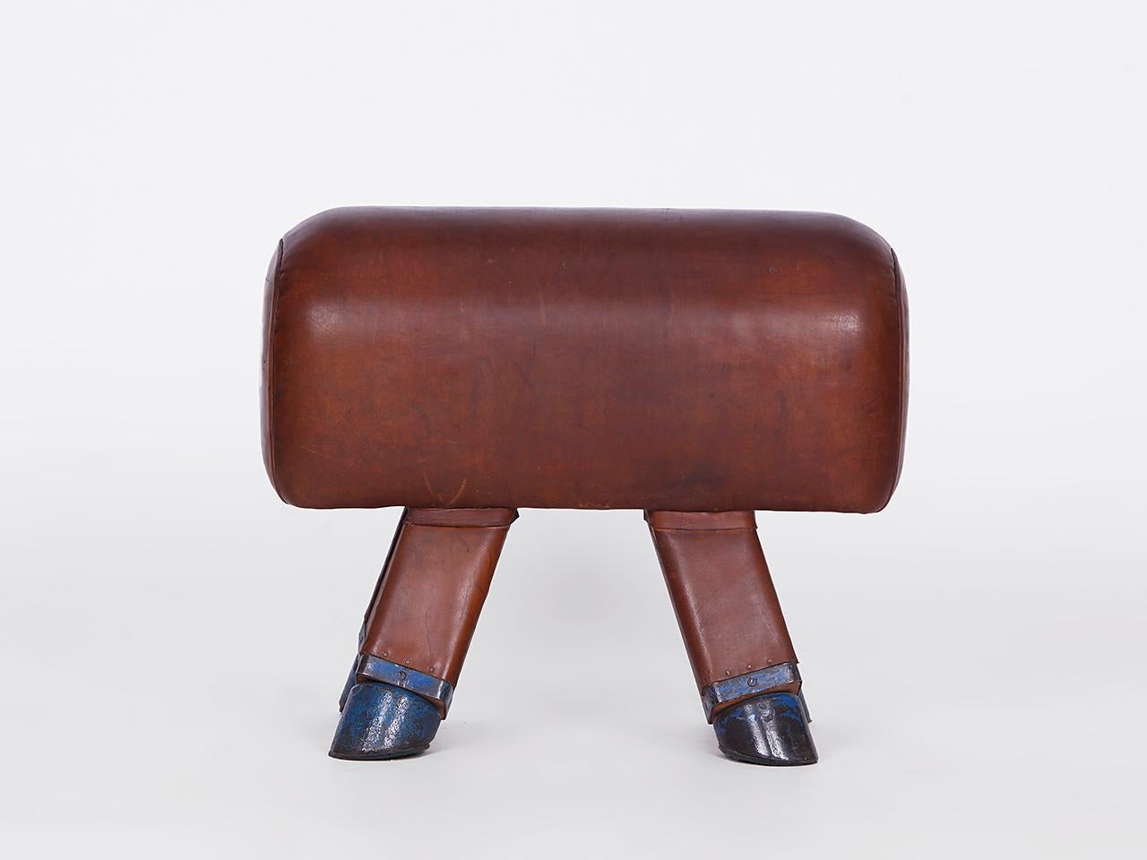 Industrial Gymnastic Vintage Czech Leather Gym Stool Bench Pommel Horse, 1930s For Sale