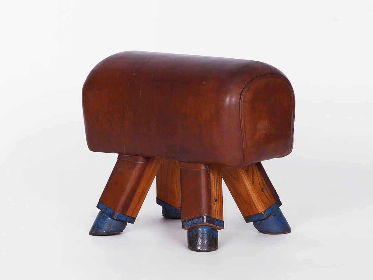20th Century Gymnastic Vintage Czech Leather Gym Stool Bench Pommel Horse, 1930s For Sale