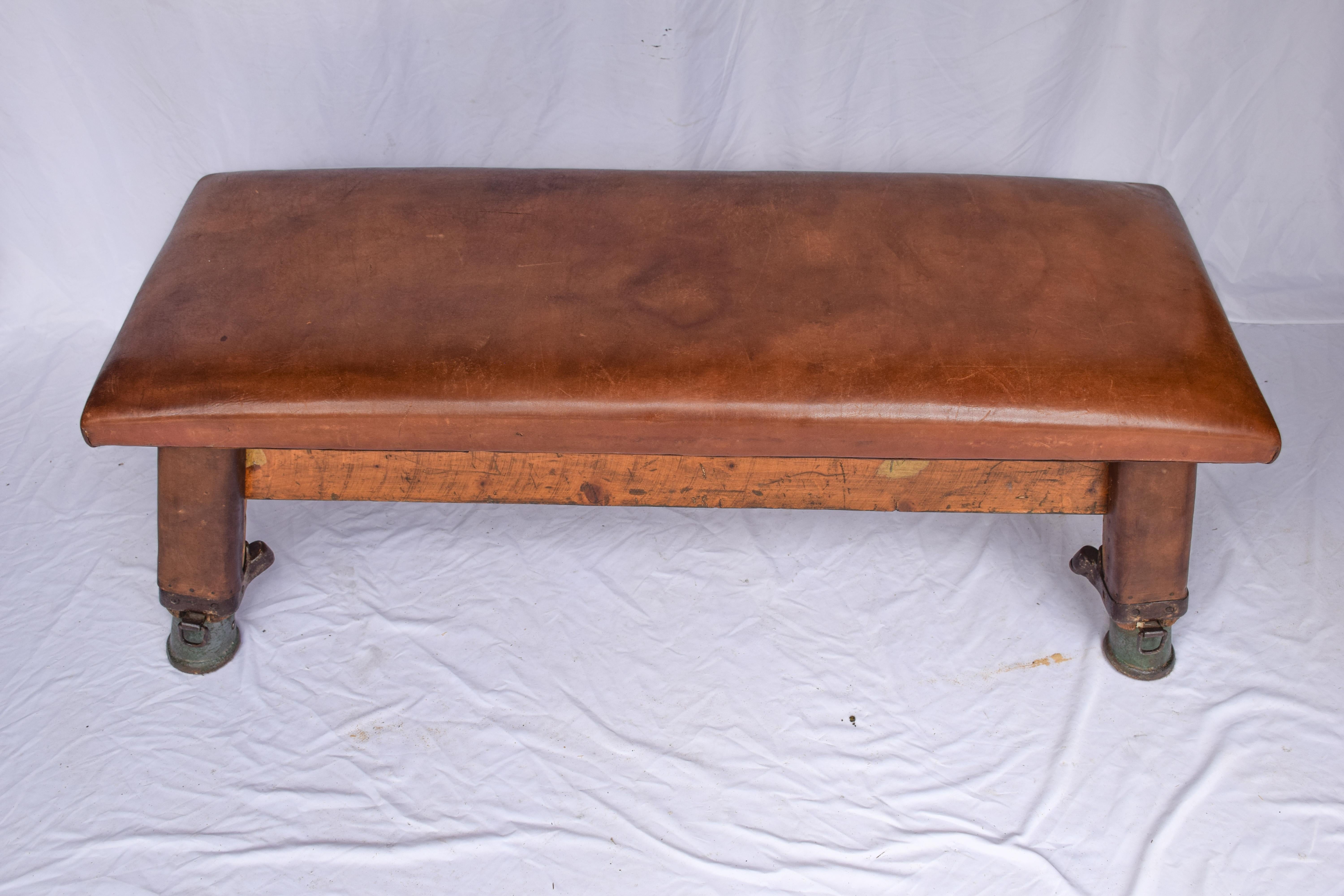 This long gym bench originally comes from Eastern Europe. It serves not only as a chic decoration, but also for practical use. The thick cowhide as well as the iron feet are also original. maintaining its original character and patina. 

Measures: