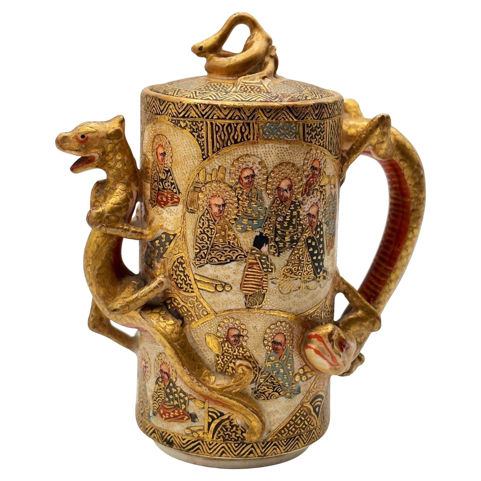 Gyokushu Satsuma Earthenware Saki Pitcher, C. Meiji Period For Sale