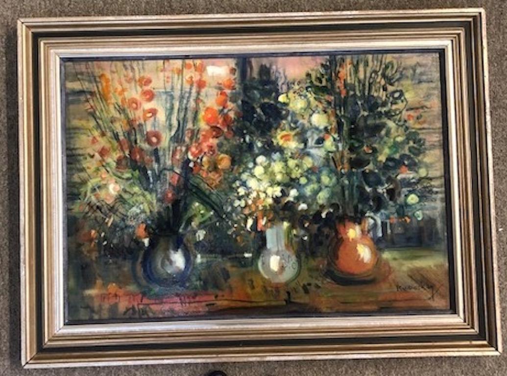 Gyorgy Ruzicskay (1896-1993)

 Very well known Hungarian Artist.
His works widely represented in the multiple galleries and private collections. 

“FLEURS”, c. 1960s
Oil on board

 Measures: +19” x 28.5”, overall size is 25” x 34”
Signed