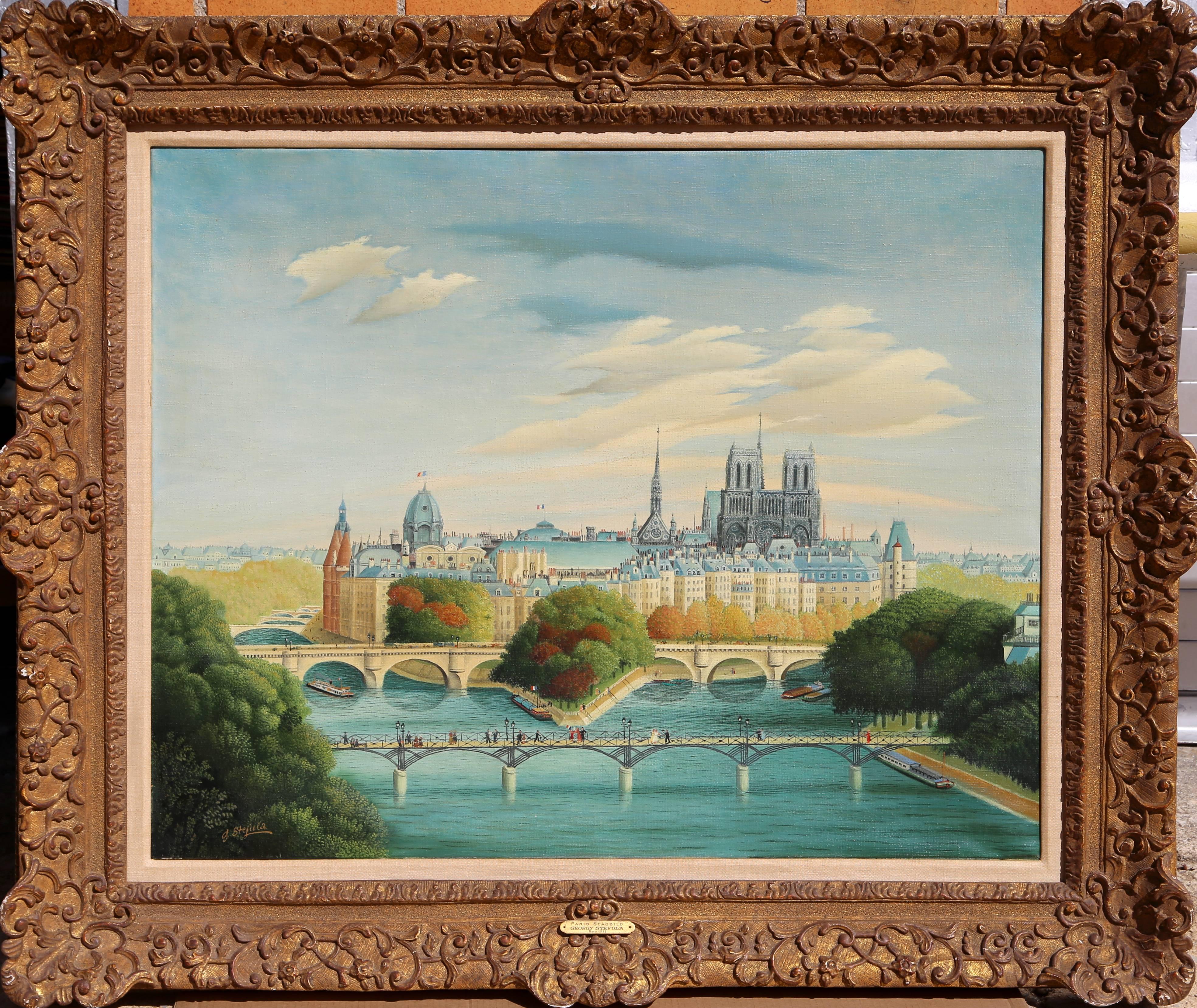 Artist: Gyorgy Stefula (German, 1913 - 1999)
Title: Paris Stadbild
Year: circa 1950
Medium: Oil on Canvas, signed l.r.
Size: 29  x 36 in. (73.66  x 91.44 cm)
Frame: 39.5 x 46 inches