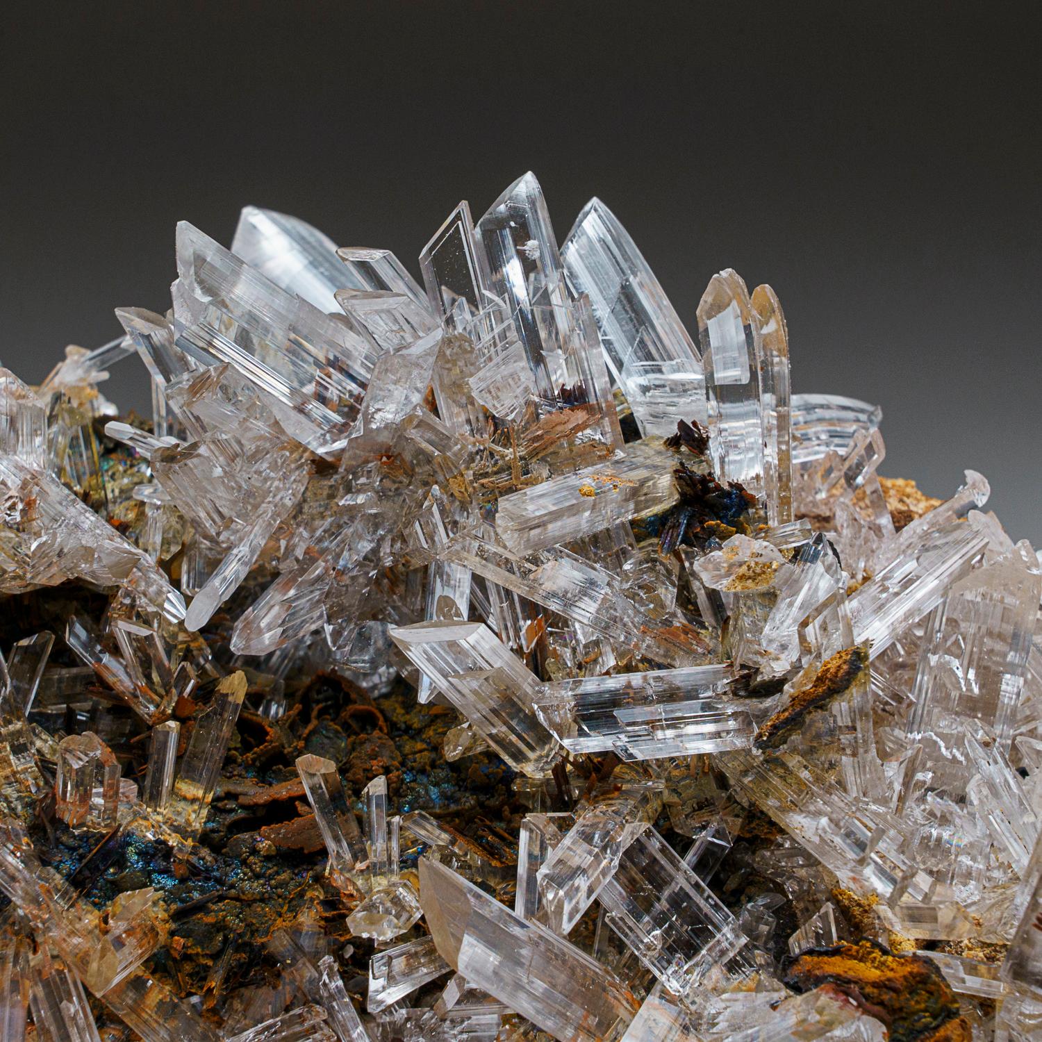 From Caverna de Santo Domingo, Achiles Serdan, Chihuahua, Mexico

Beautiful cluster of water-clear colorless gypsum (variety selenite) crystals with on matrix. The selenite has top quality transparency with a glassy luster and fully terminated