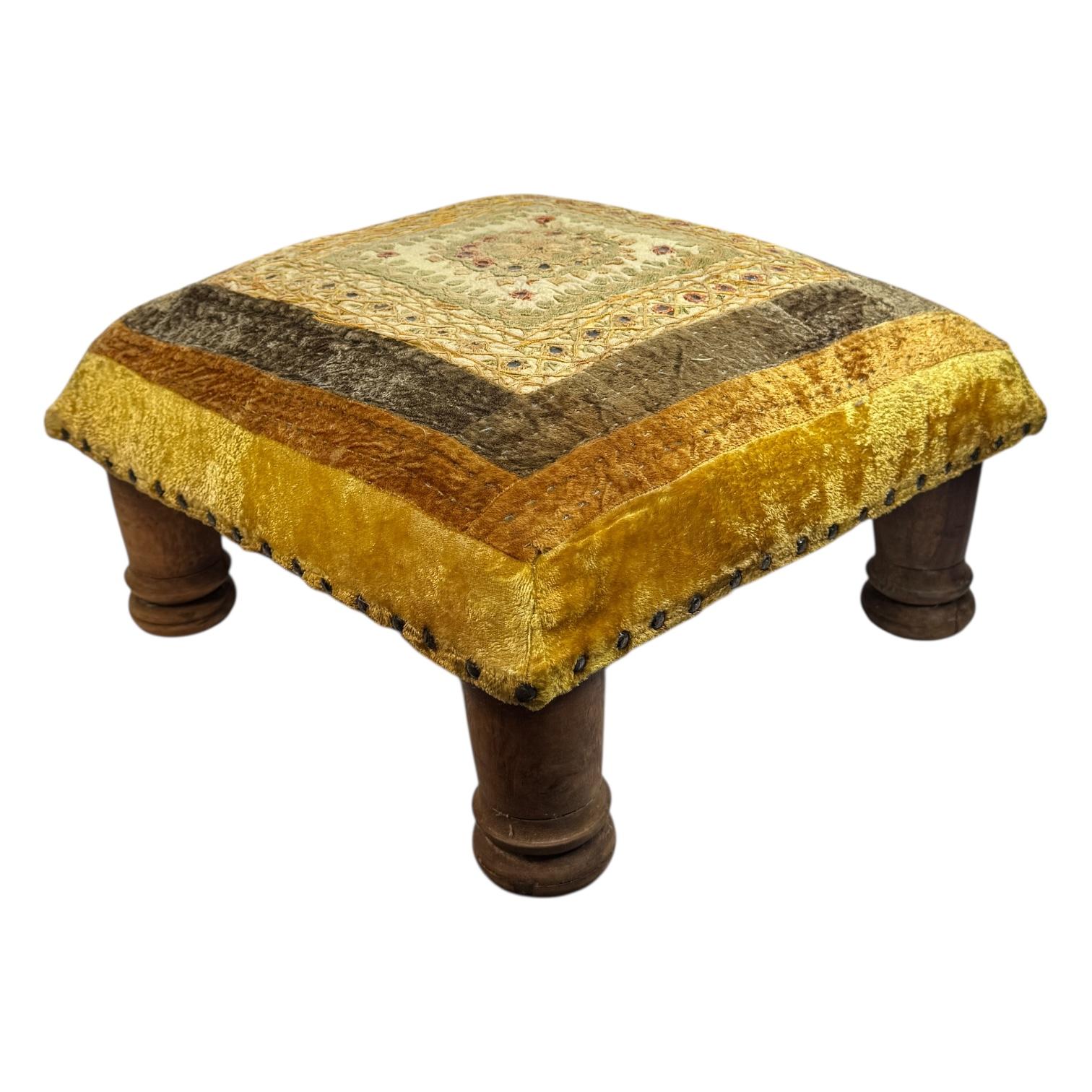 Unknown Gypsy Oriental Fabric Covered Foot Rest Footstool Ottoman Vintage, 1960s For Sale