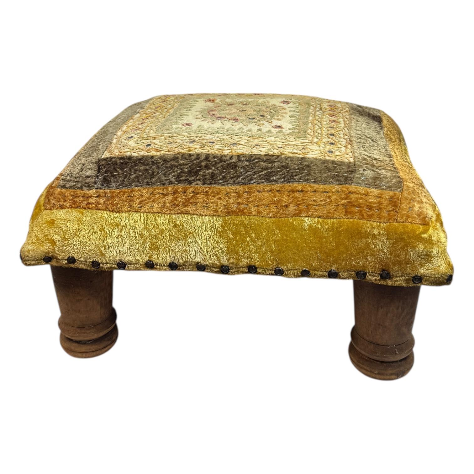 Hand-Knotted Gypsy Oriental Fabric Covered Foot Rest Footstool Ottoman Vintage, 1960s For Sale