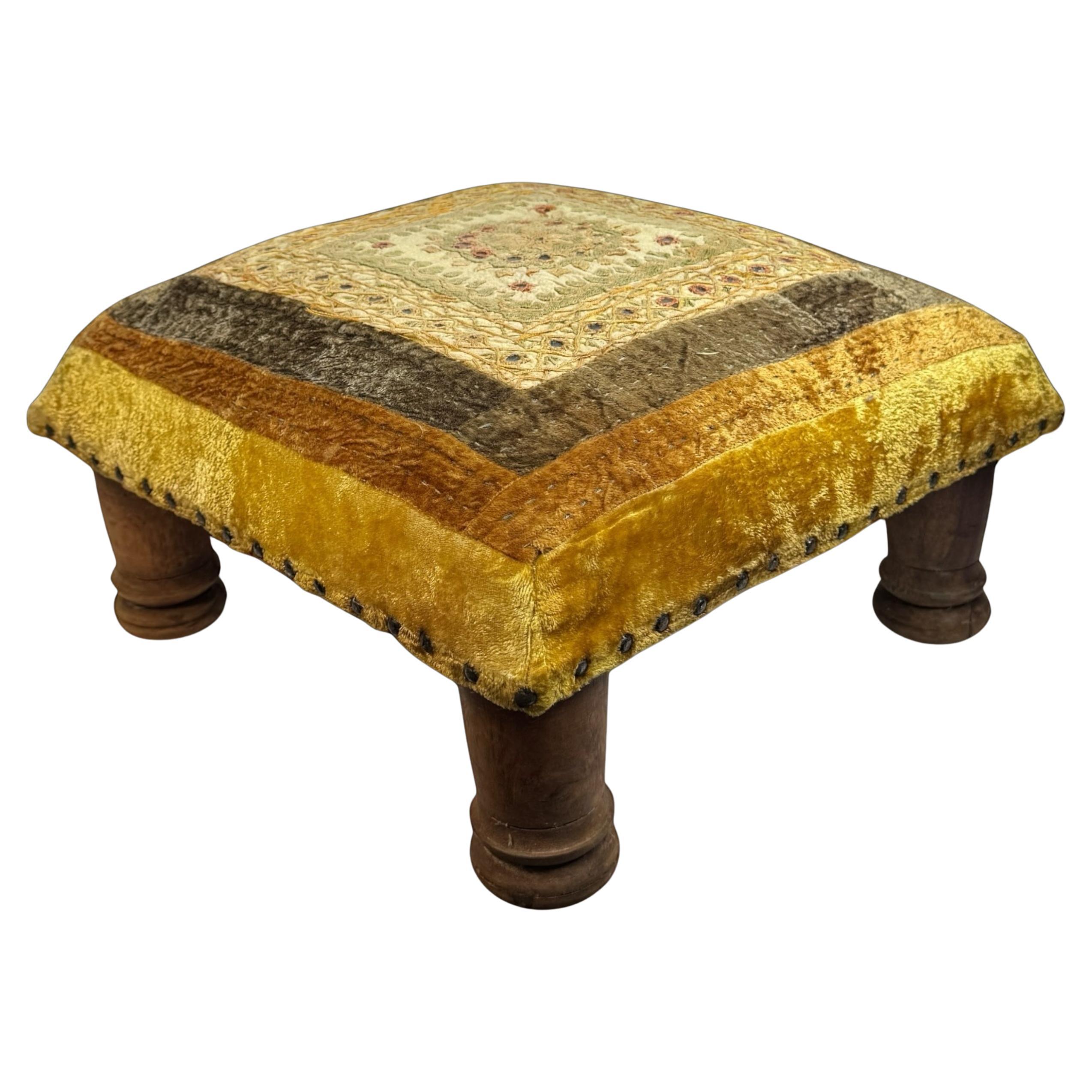 Gypsy Oriental Fabric Covered Foot Rest Footstool Ottoman Vintage, 1960s For Sale