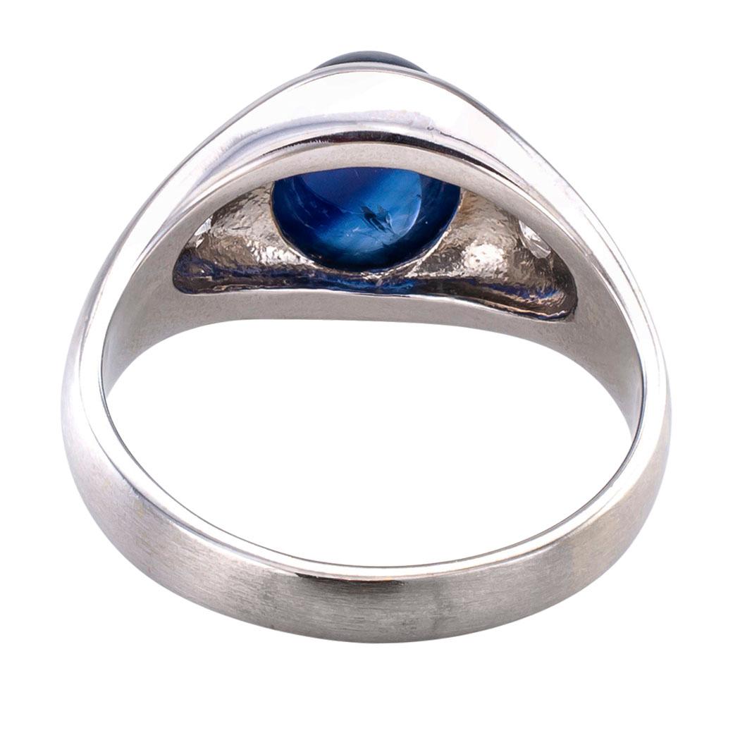 Women's or Men's Gypsy Set Cabochon Sapphire Diamond Gentlemans Three-Stone White Gold Ring