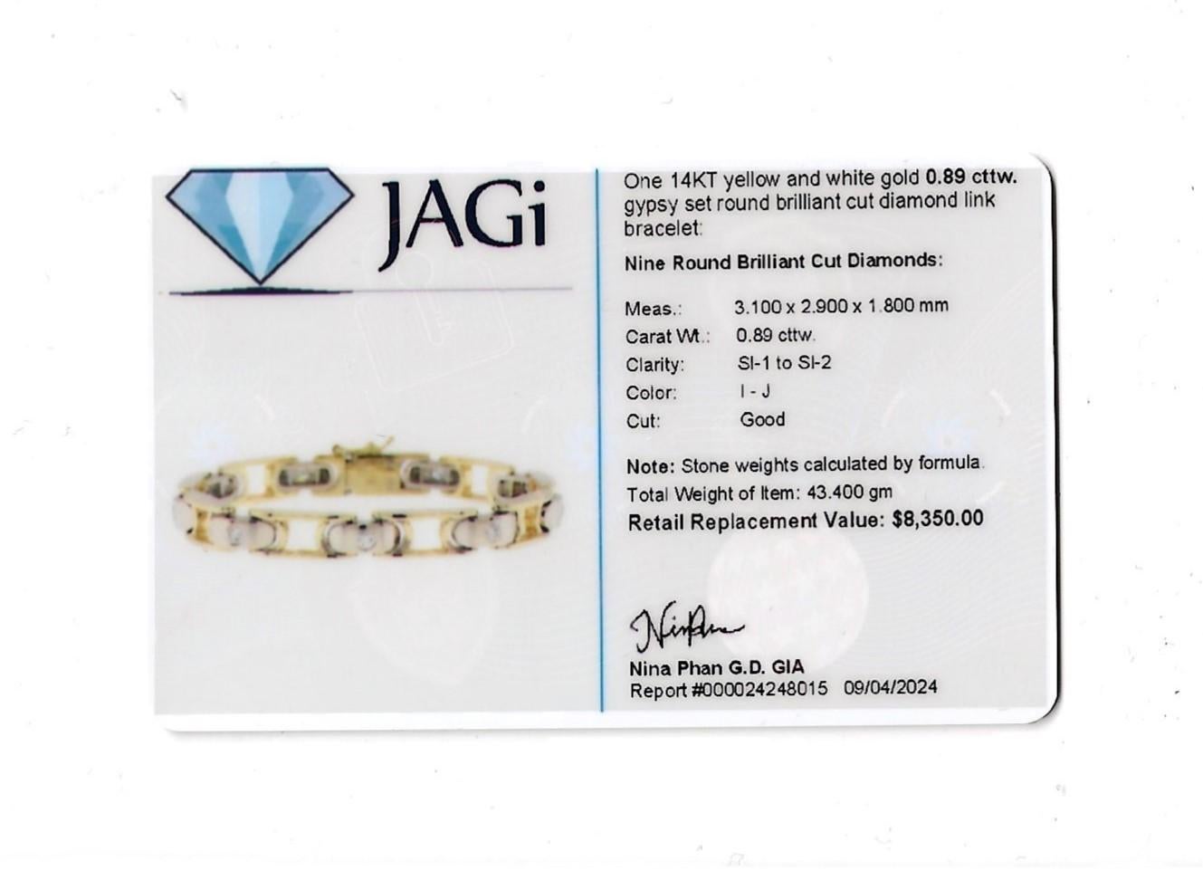 Pulsera de eslabones bicolor con diamantes redondos engastados en oro pulido de 14 quilates en venta 6