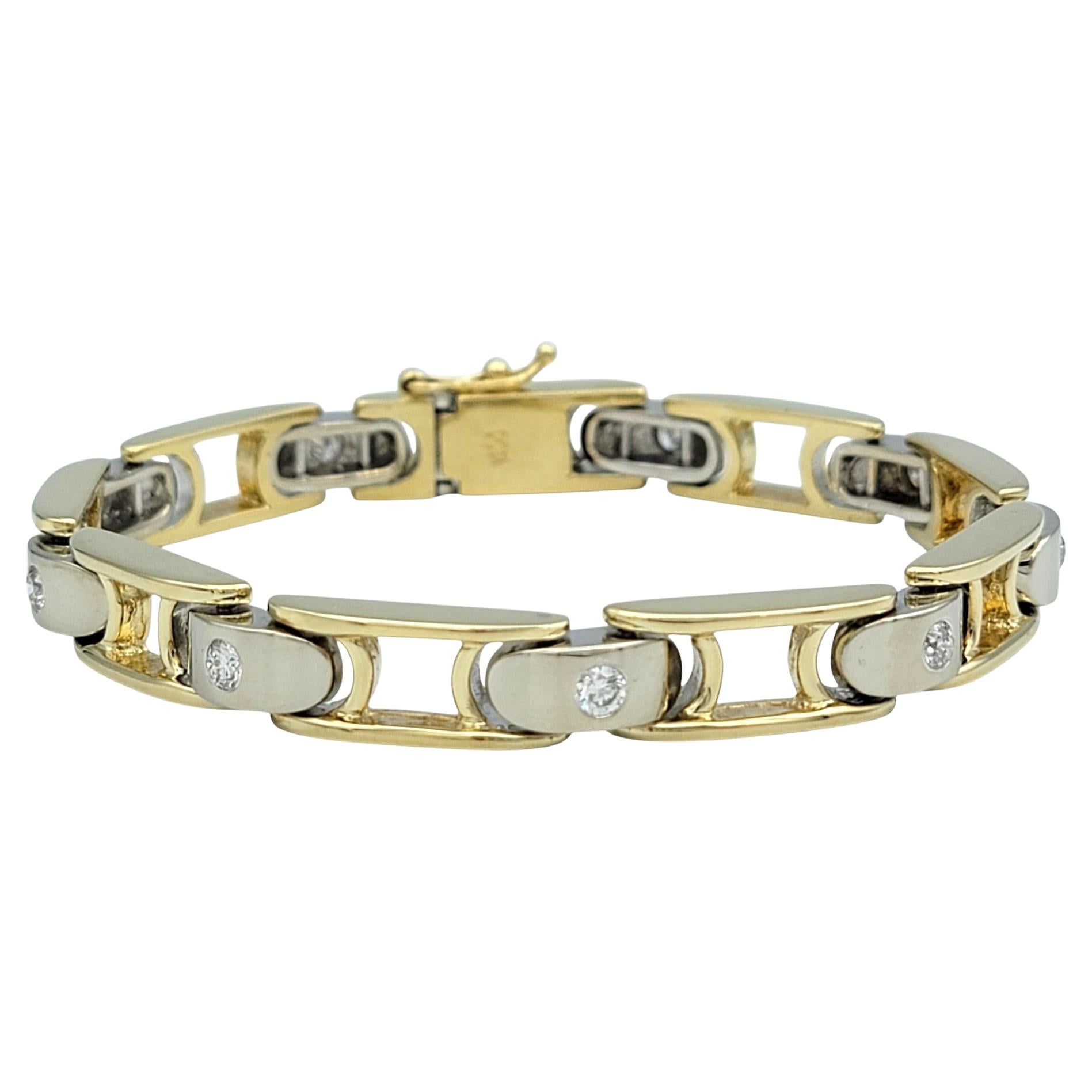 Bracelet à maillons bicolore en or poli 14 carats serti de diamants ronds de type bohémien