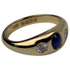 18k Yellow Gold Ring-Oval Sapphire, Two Diamonds-Gypsy Setting