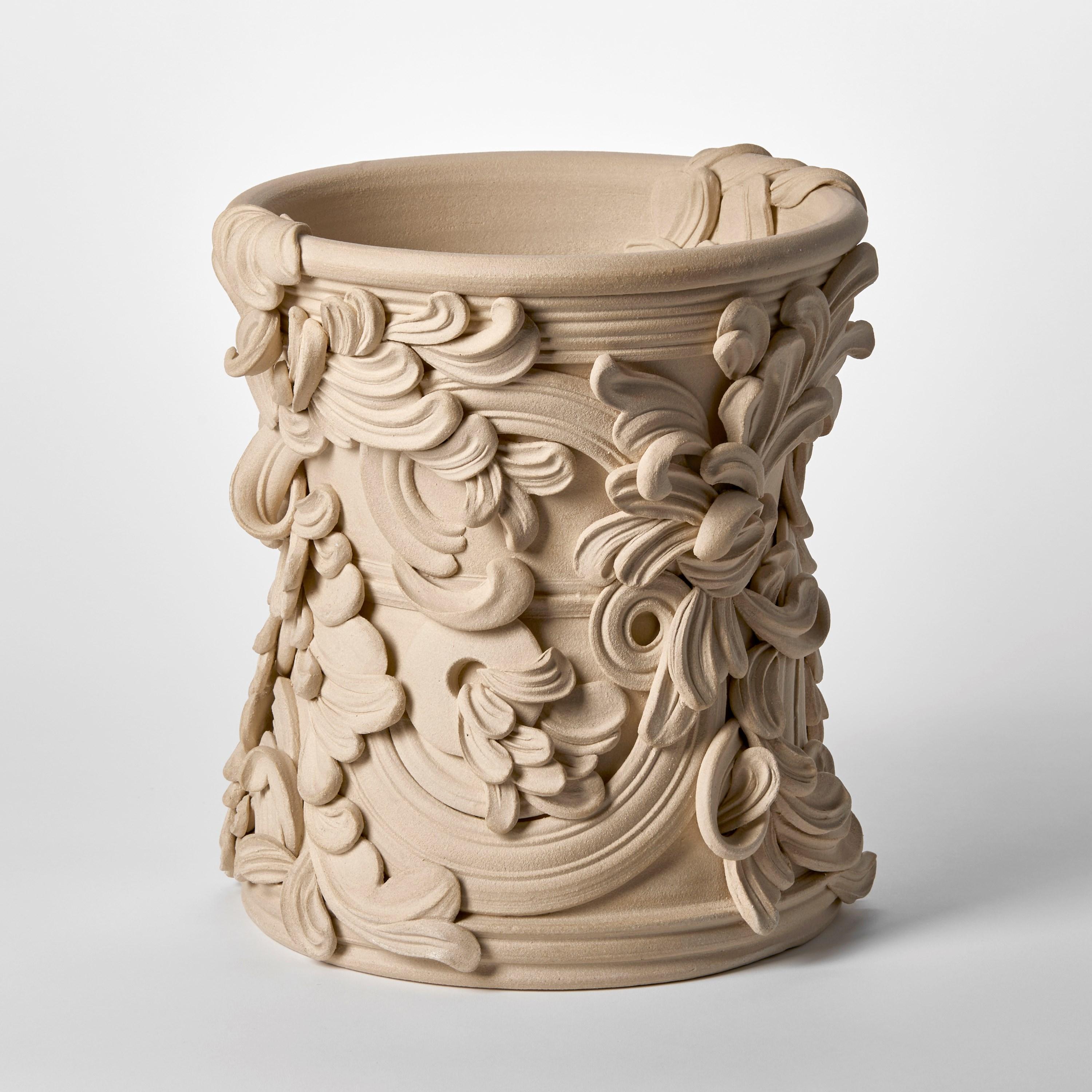Hand-Crafted Gyratory III, a sand coloured ceramic rococo sculptural vessel by Jo Taylor For Sale