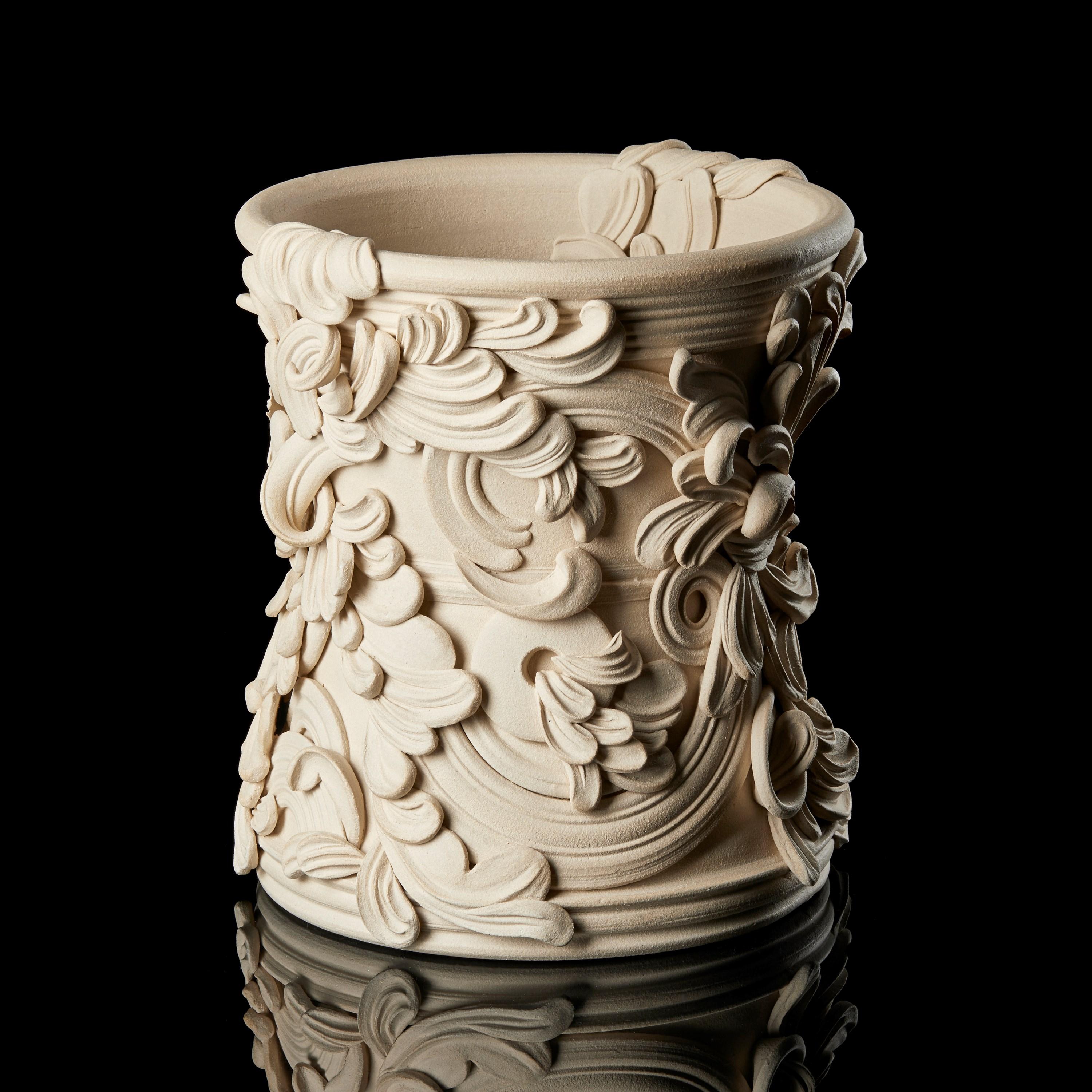 Contemporary Gyratory III, a sand coloured ceramic rococo sculptural vessel by Jo Taylor For Sale