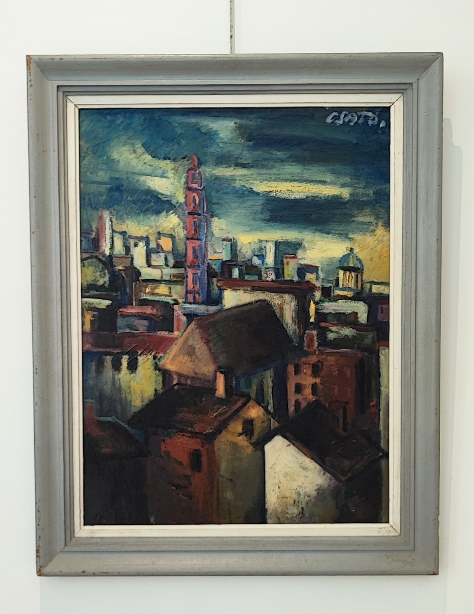 Vista di una città ungherese di notte - Painting di György Csato