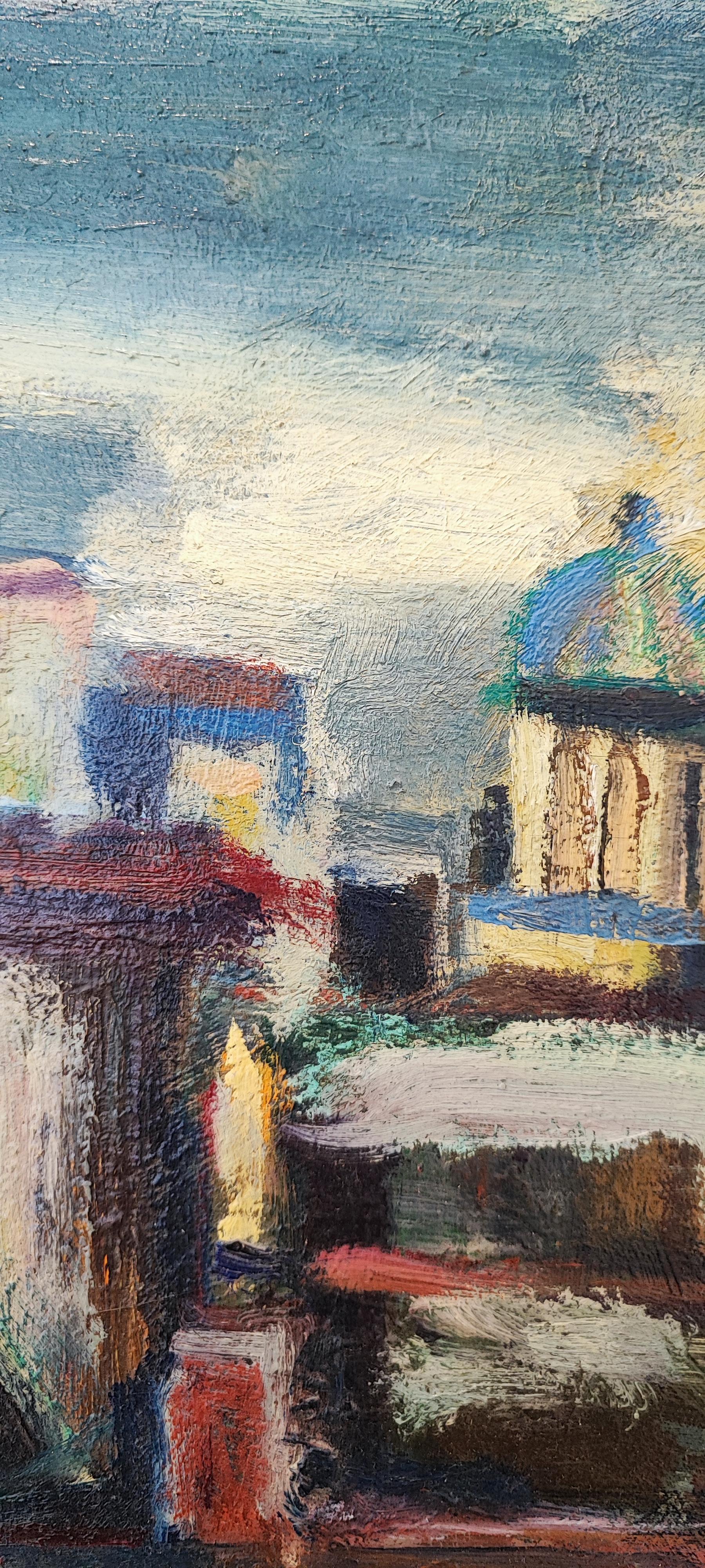 Catturata con una maestria inconfondibile, quest'opera d'arte presenta un paesaggio urbano vibrante e strutturato, immerso in una tavolozza di colori audaci e contrastanti. Le sovrapposizioni di blu intensi, rossi terracotta e gialli dorati formano