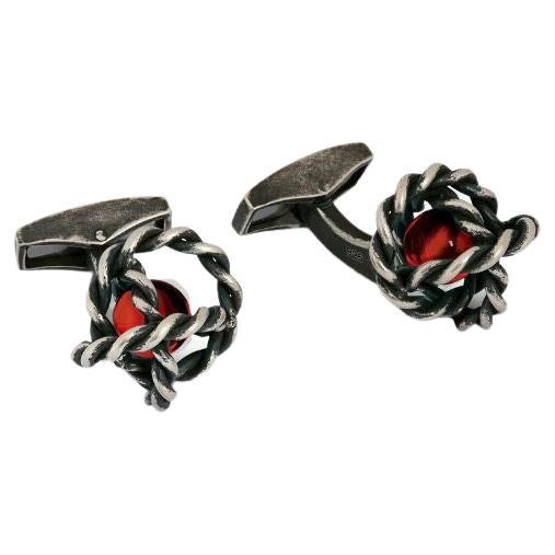 Gyroscope Glass Cufflinks in Antique Silver and Red Glass For Sale