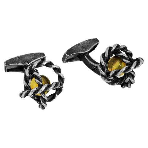 Gyroscope Glass Cufflinks in Antique Silver and Yellow Glass