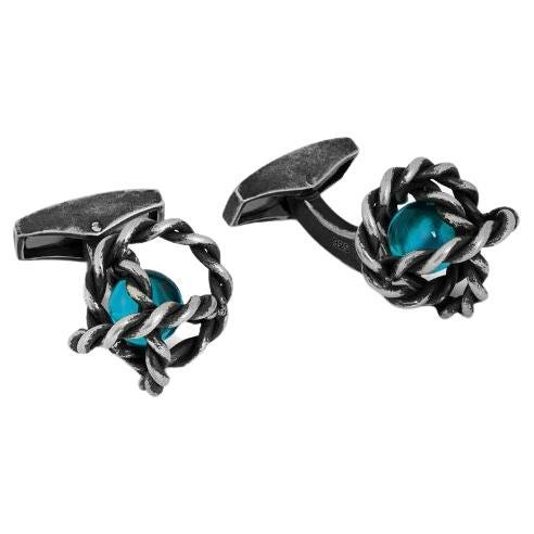 Gyroscope Glass Cufflinks in Antique Silver & Blue Glass For Sale