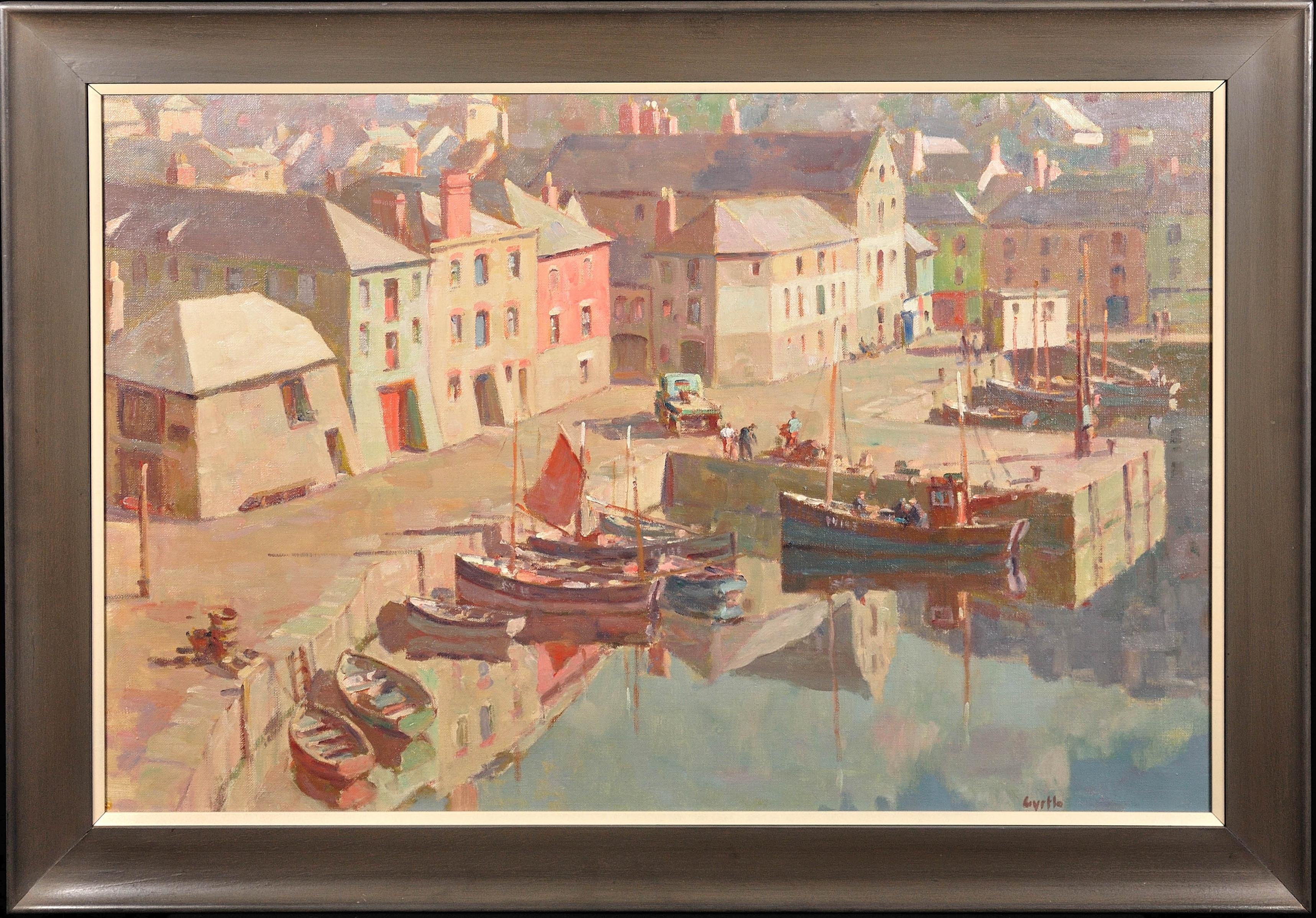 Gyrth Russell Landscape Painting - Before the Hot Day Brightens to Blue (Mevagissey Harbor, Cornwall). Original Oil