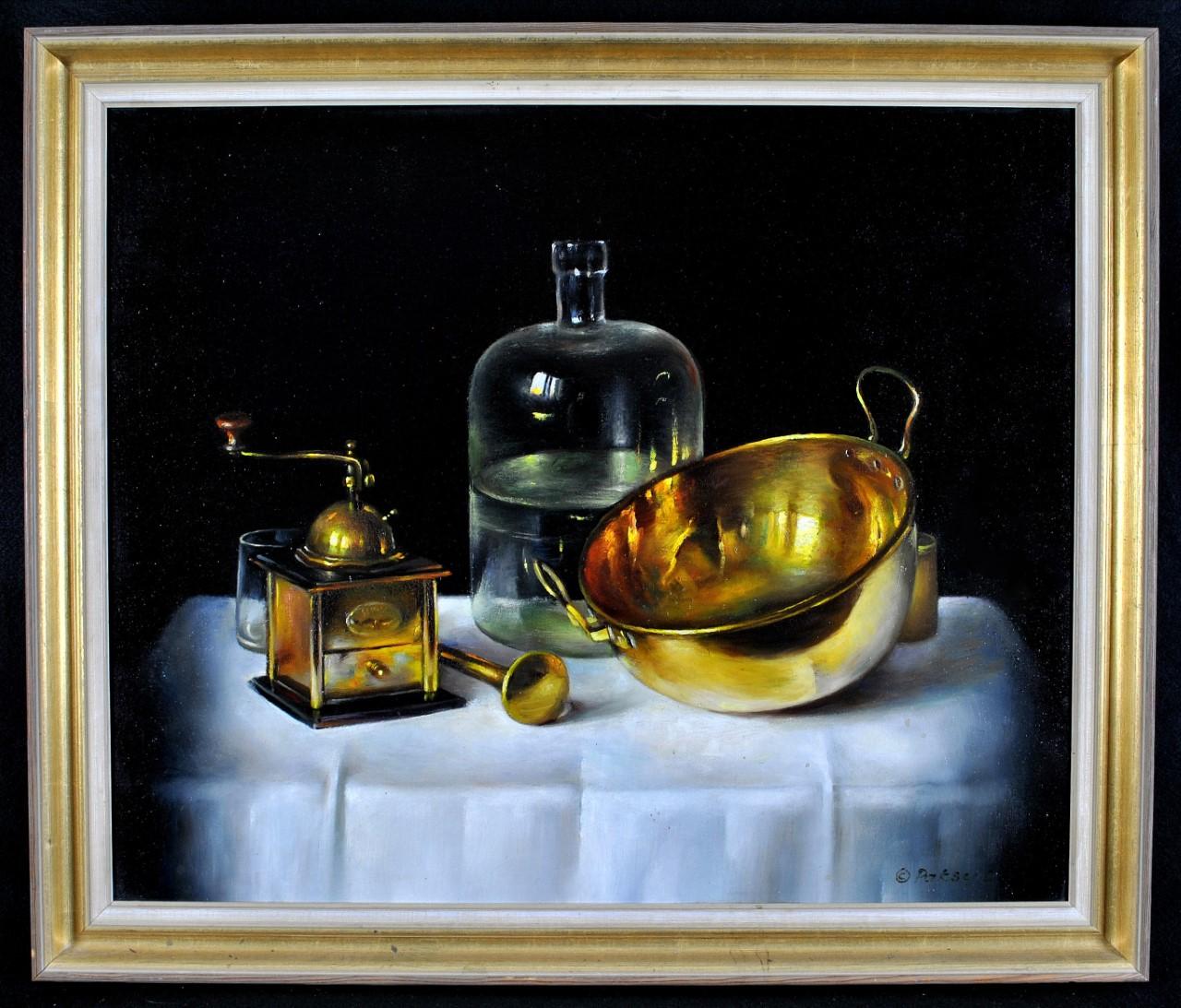 Gyula Paksy Still-Life Painting - Still Life with Brass Objects & Bottle - Mid 20th Century Hungarian Oil Painting