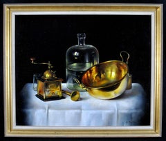 Still Life with Brass Objects & Bottle - Mid 20th Century Hungarian Oil Painting