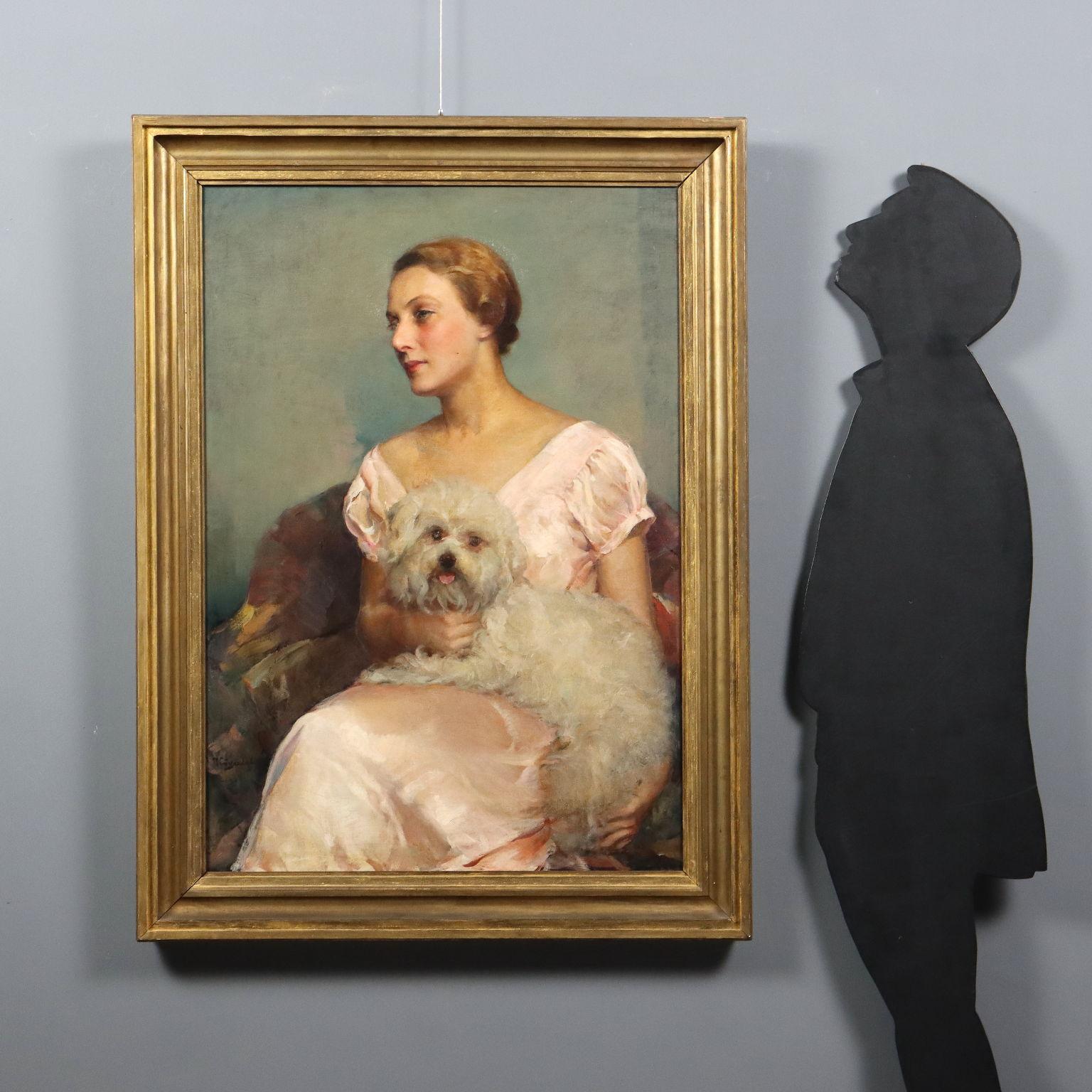 Porträt einer Dame mit kleinem Hund 1934 – Painting von Géza Kövesdy